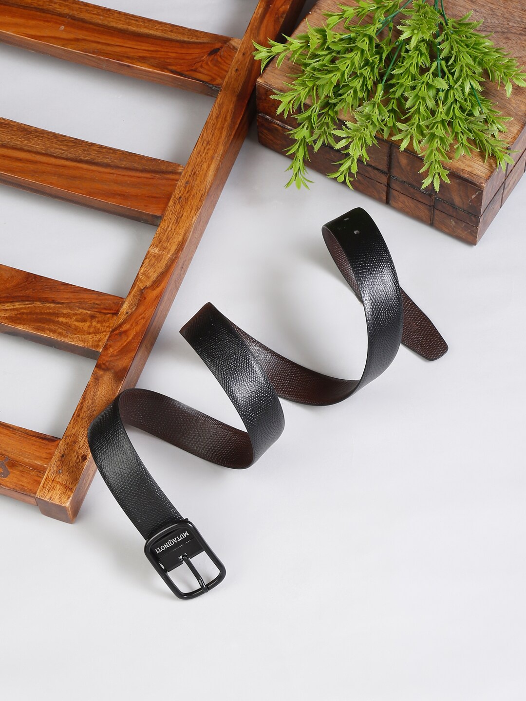 

MUTAQINOTI Men Black & Brown Textured Reversible Leather Formal Belt
