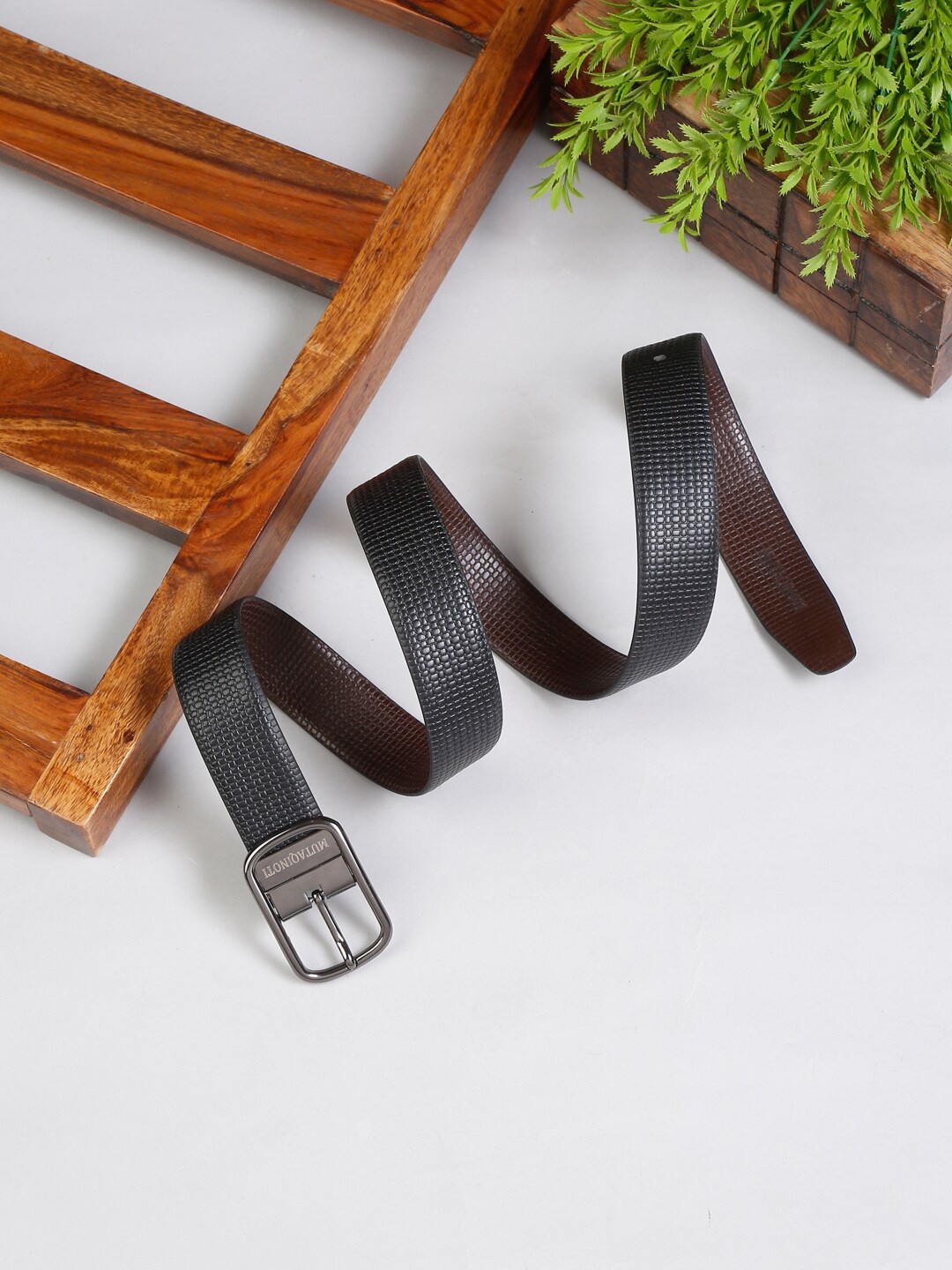 

MUTAQINOTI Men Black & Brown Textured Reversible Leather Formal Belt