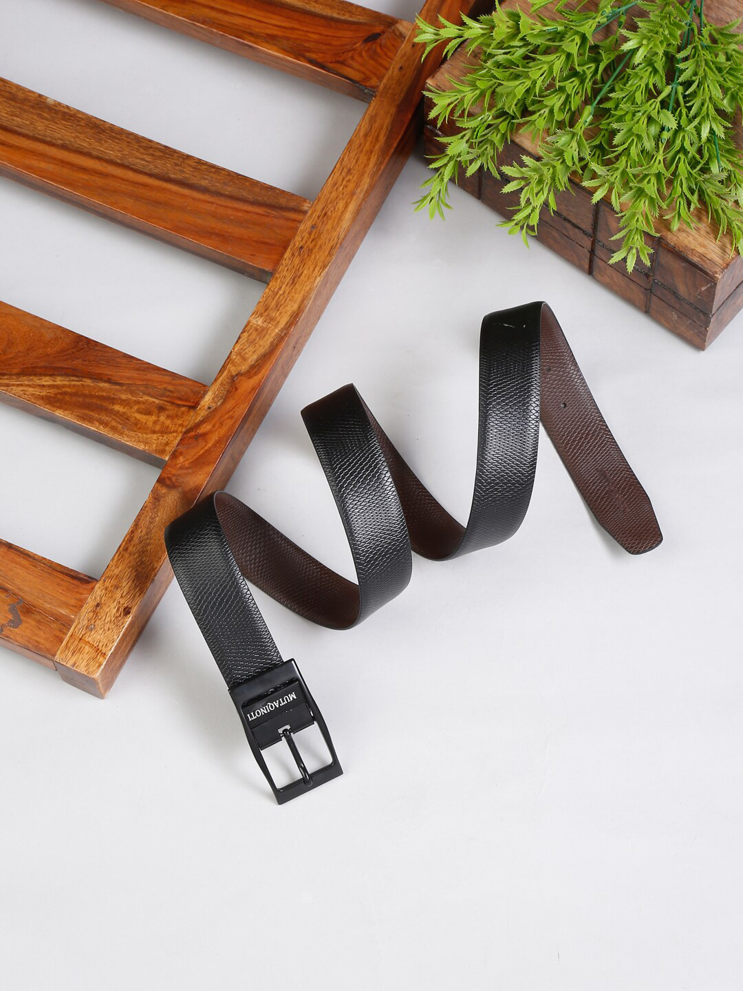 

MUTAQINOTI Men Black & Brown Textured Reversible Leather Formal Belt