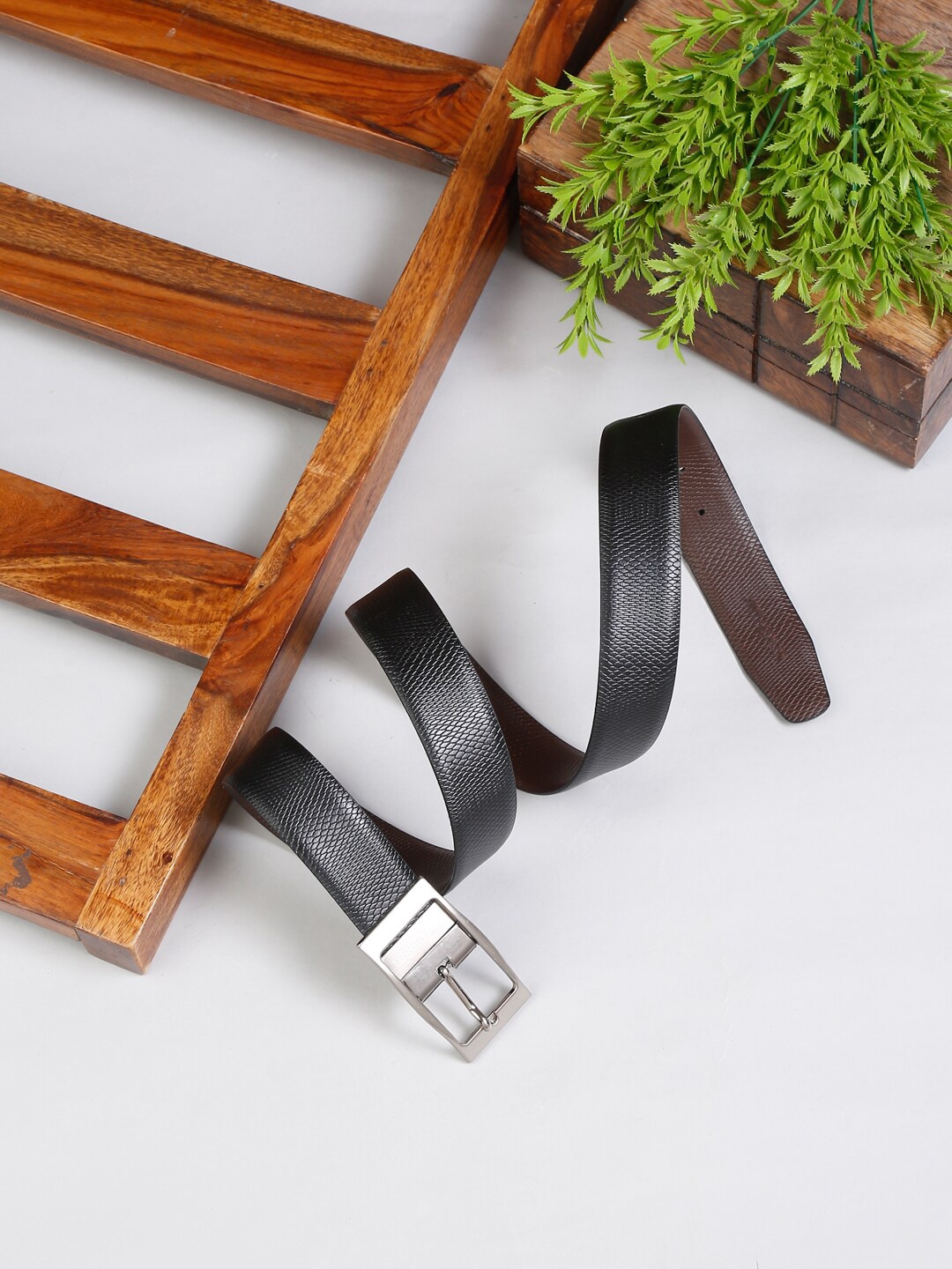 

MUTAQINOTI Men Black & Brown Textured Reversible Leather Formal Belt