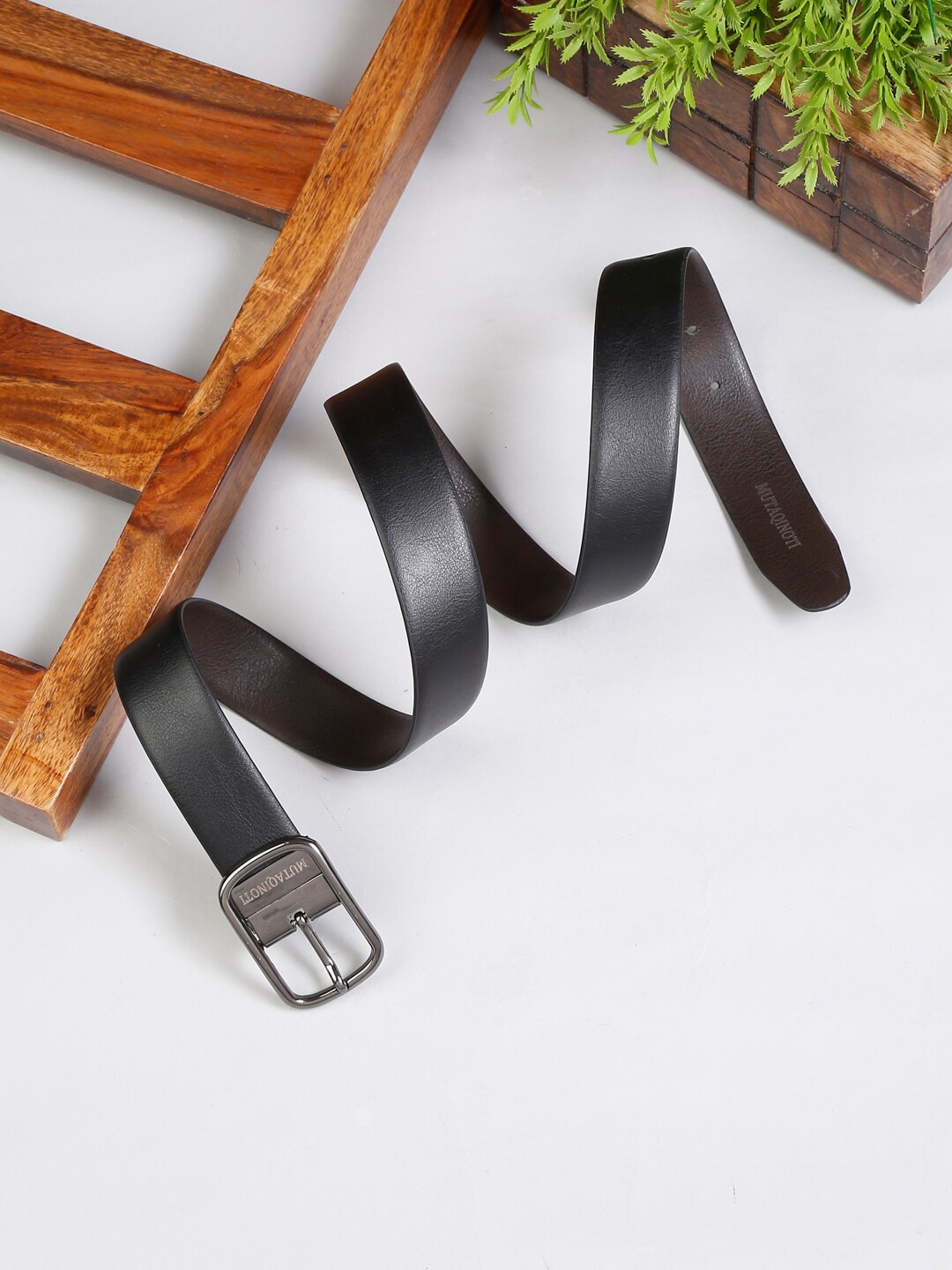 

MUTAQINOTI Men Black & Brown Textured Reversible Leather Formal Belt