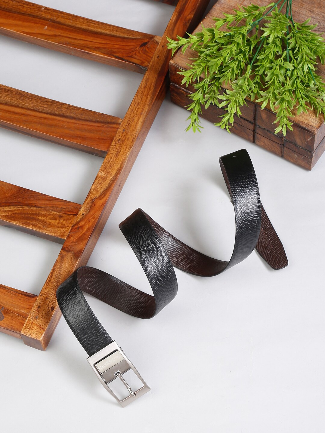 

MUTAQINOTI Men Black & Brown Textured Reversible Leather Formal Belt