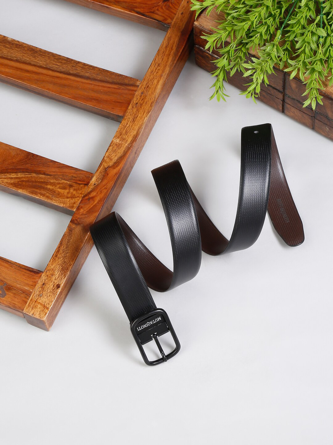 

MUTAQINOTI Men Black & Brown Textured Reversible Leather Formal Belt
