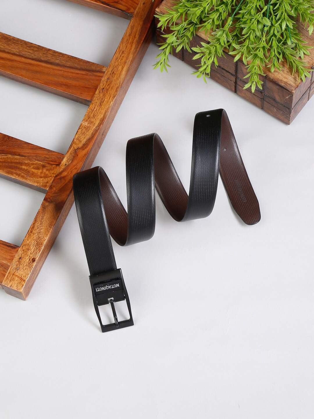 

MUTAQINOTI Men Black & Brown Textured Reversible Leather Formal Belt