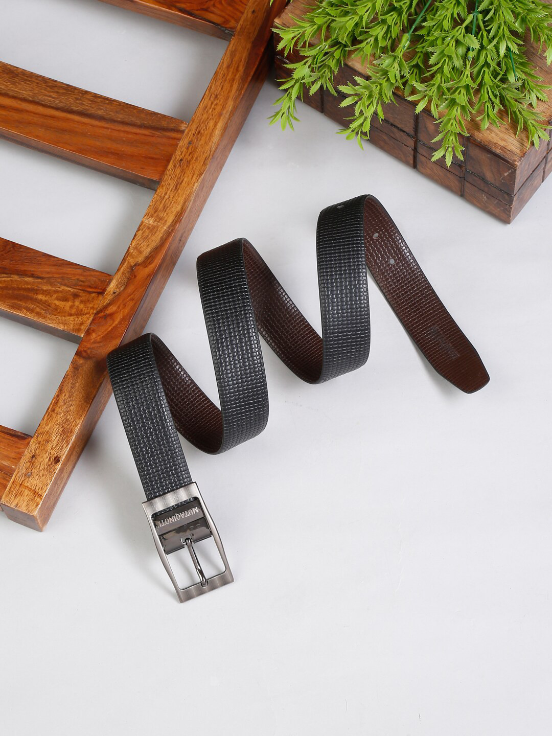 

MUTAQINOTI Men Black & Brown Textured Reversible Leather Formal Belt