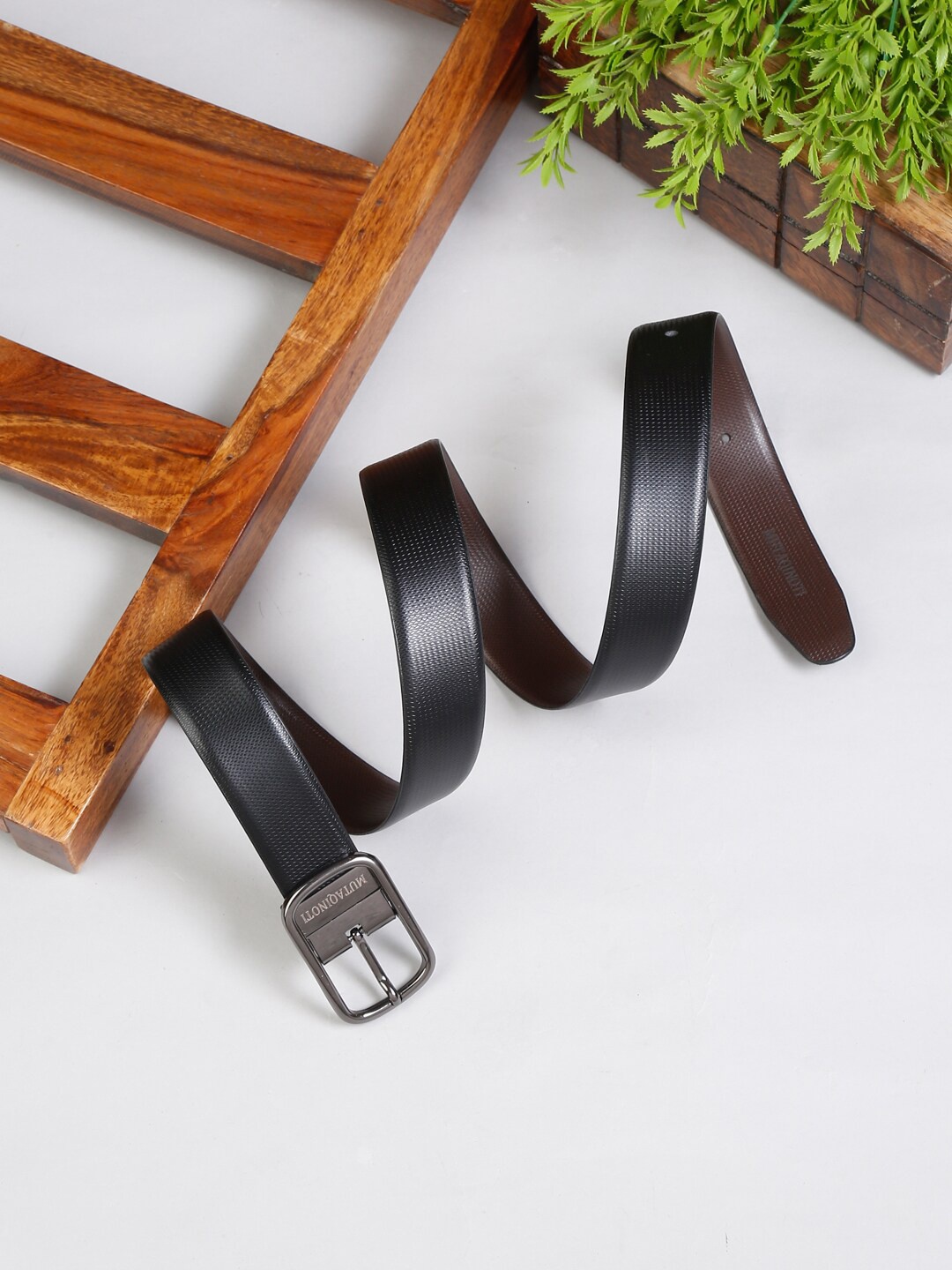 

MUTAQINOTI Men Black & Brown Textured Reversible Leather Formal Belt
