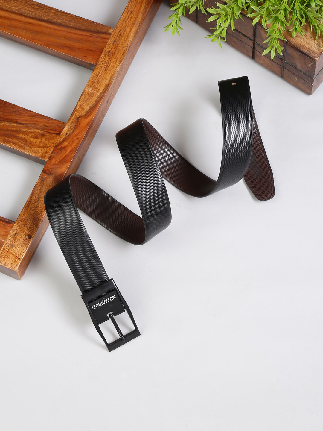 

MUTAQINOTI Men Black Textured Leather Reversible Formal Belt
