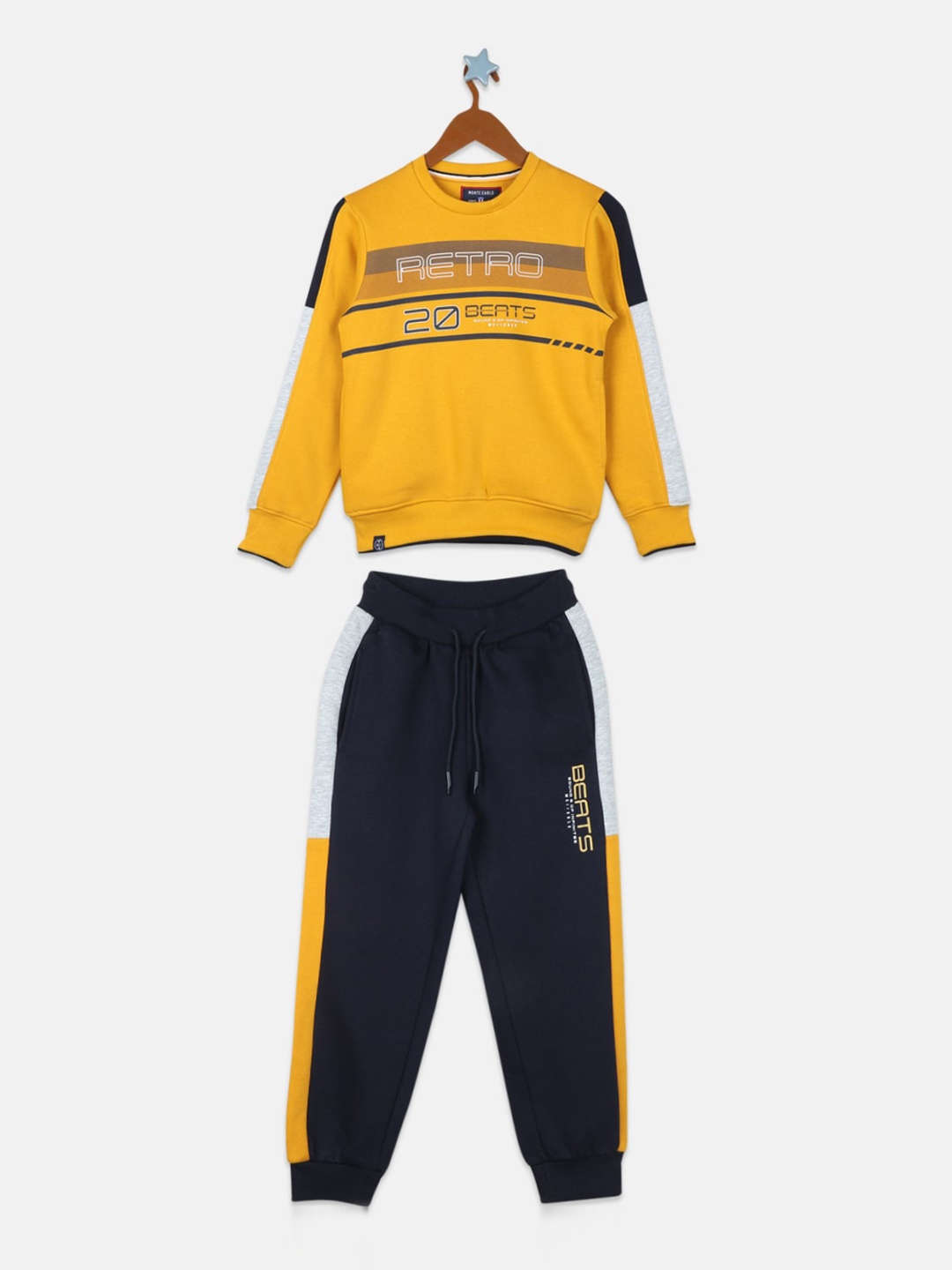 

Monte Carlo Boys Mustard & Navy Blue Typography Printed Tracksuit