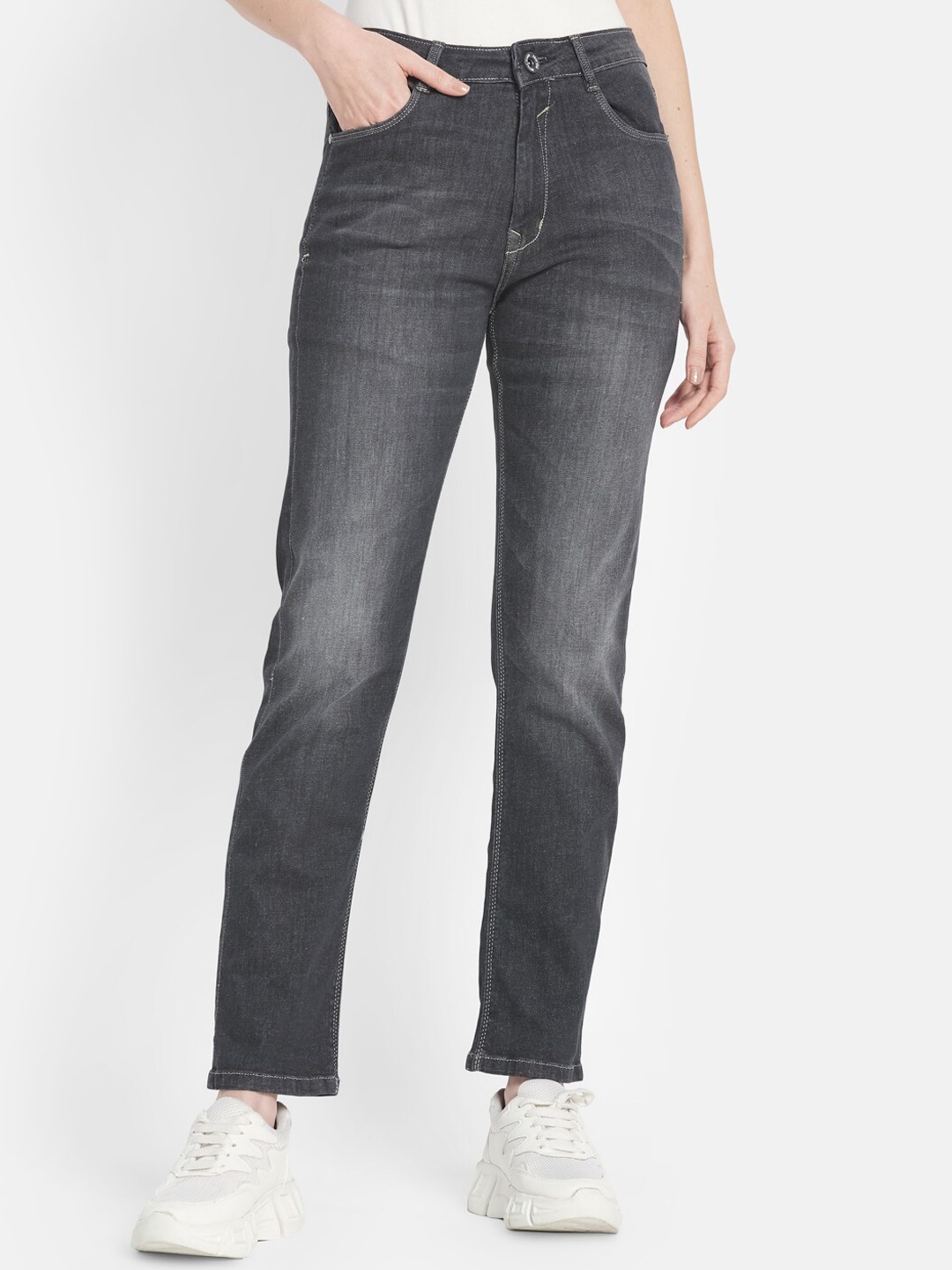 

METTLE Women Grey Low Distress Light Fade Stretchable Jeans