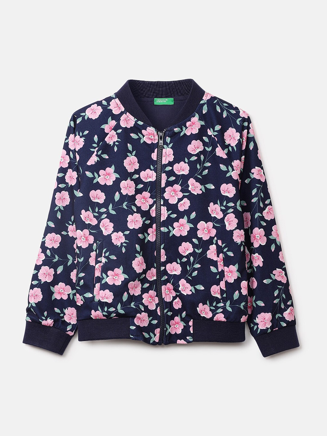 

United Colors of Benetton Girls Infant Navy Blue Pink Floral Bomber Jacket