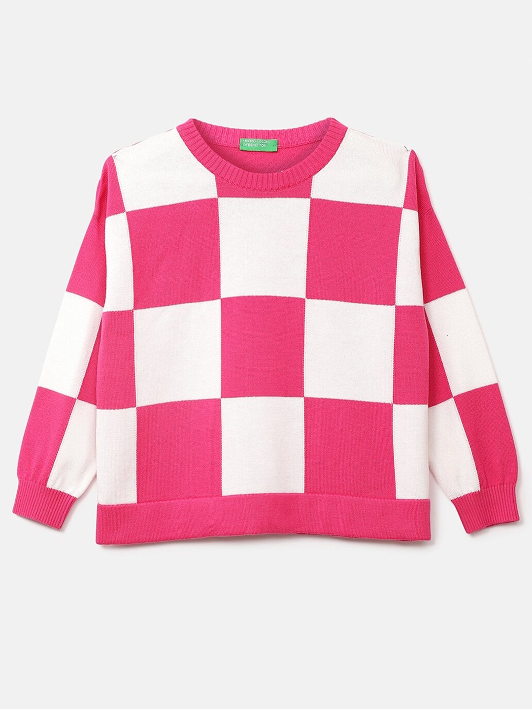 

United Colors of Benetton Girls Pink & White Long Sleeve Checked Pullover