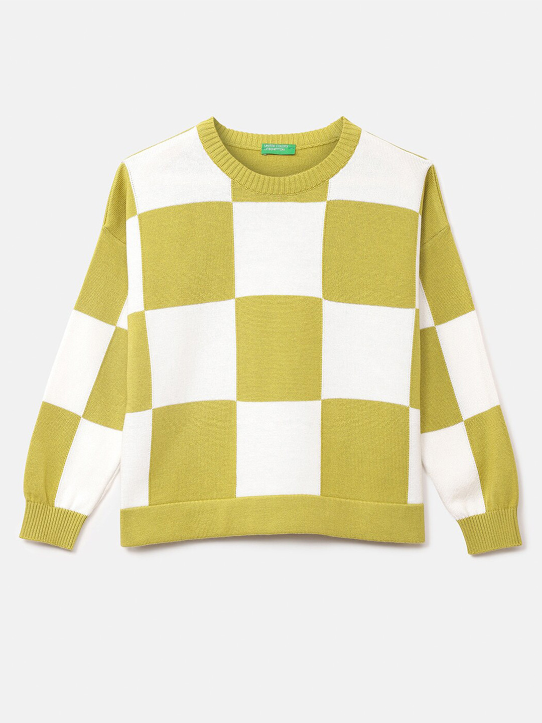 

United Colors of Benetton Girls Green & White Checked Pullover