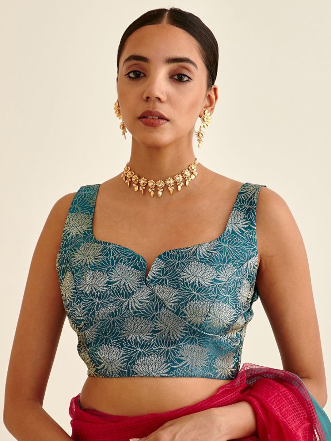 

Abhishti Banarasi Printed Zari Work Saree Blouse, Teal