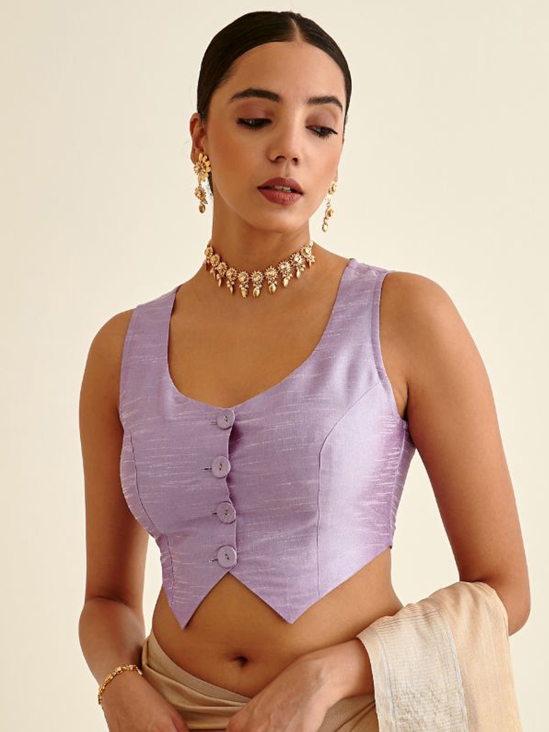 

Abhishti Lavender Solid Waistcoat Stylised Cotton Saree Blouse