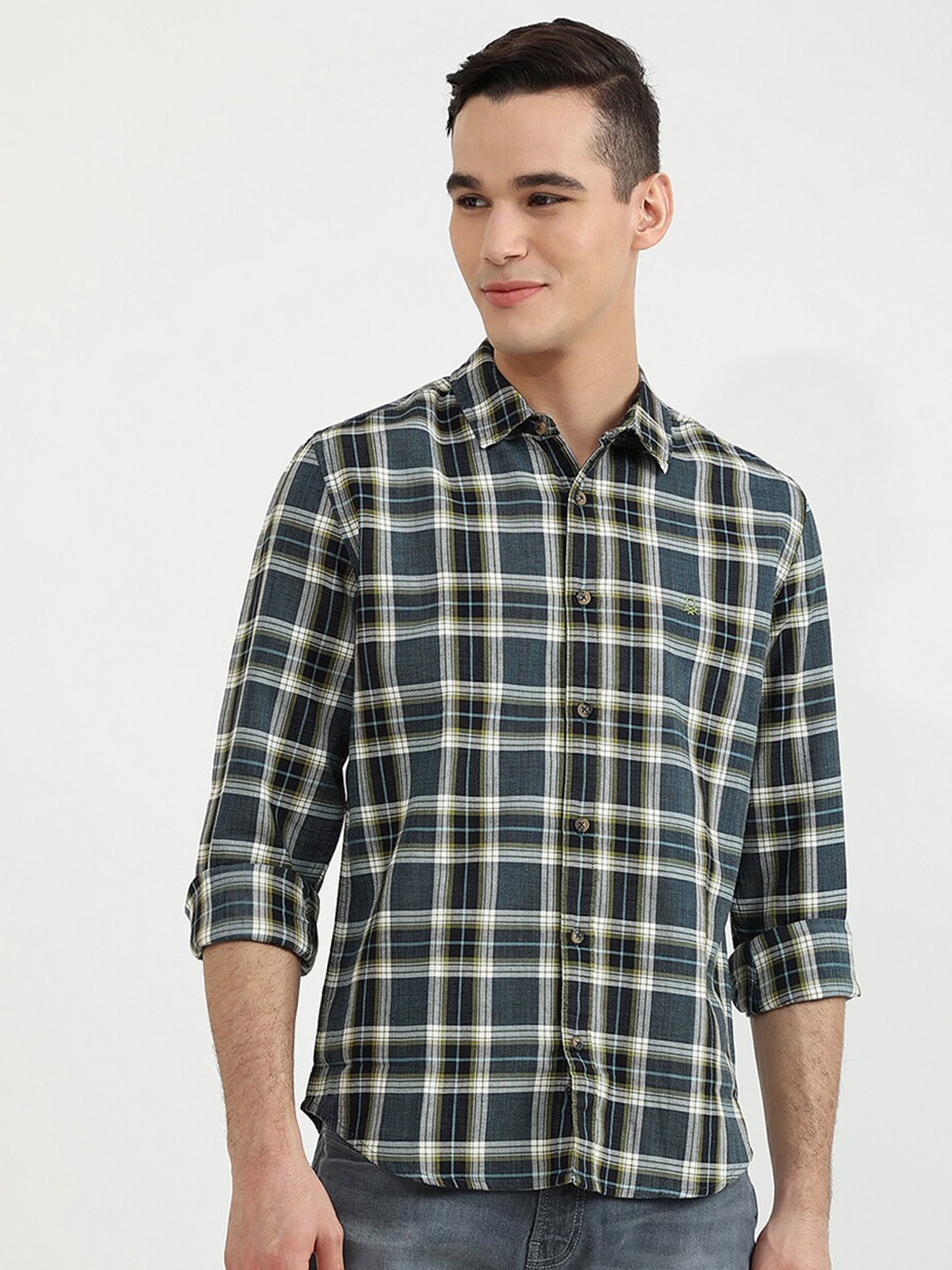 

United Colors of Benetton Men Green Slim Fit Tartan Checked Cotton Casual Shirt