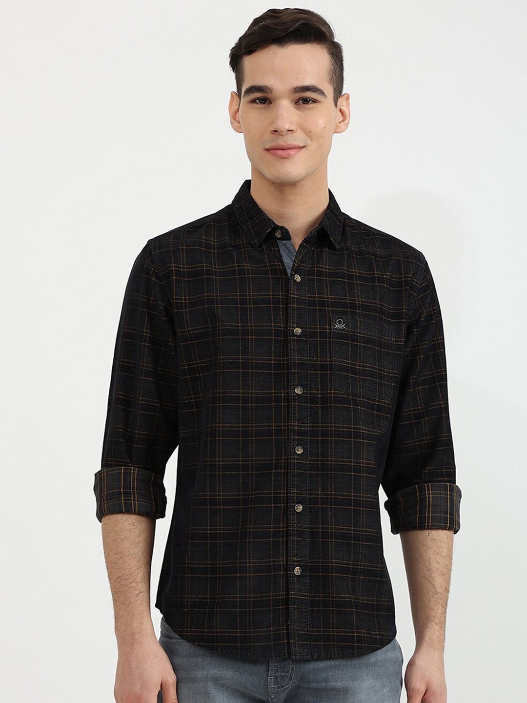 

United Colors of Benetton Men Black Slim Fit Tartan Checked Cotton Casual Shirt