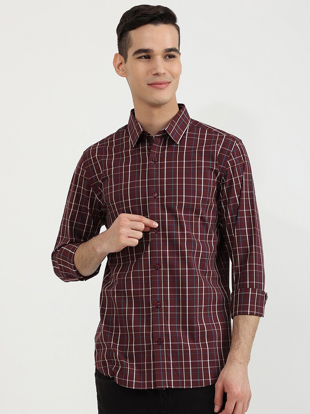 

United Colors of Benetton Men Maroon Slim Fit Tartan Checked Cotton Casual Shirt
