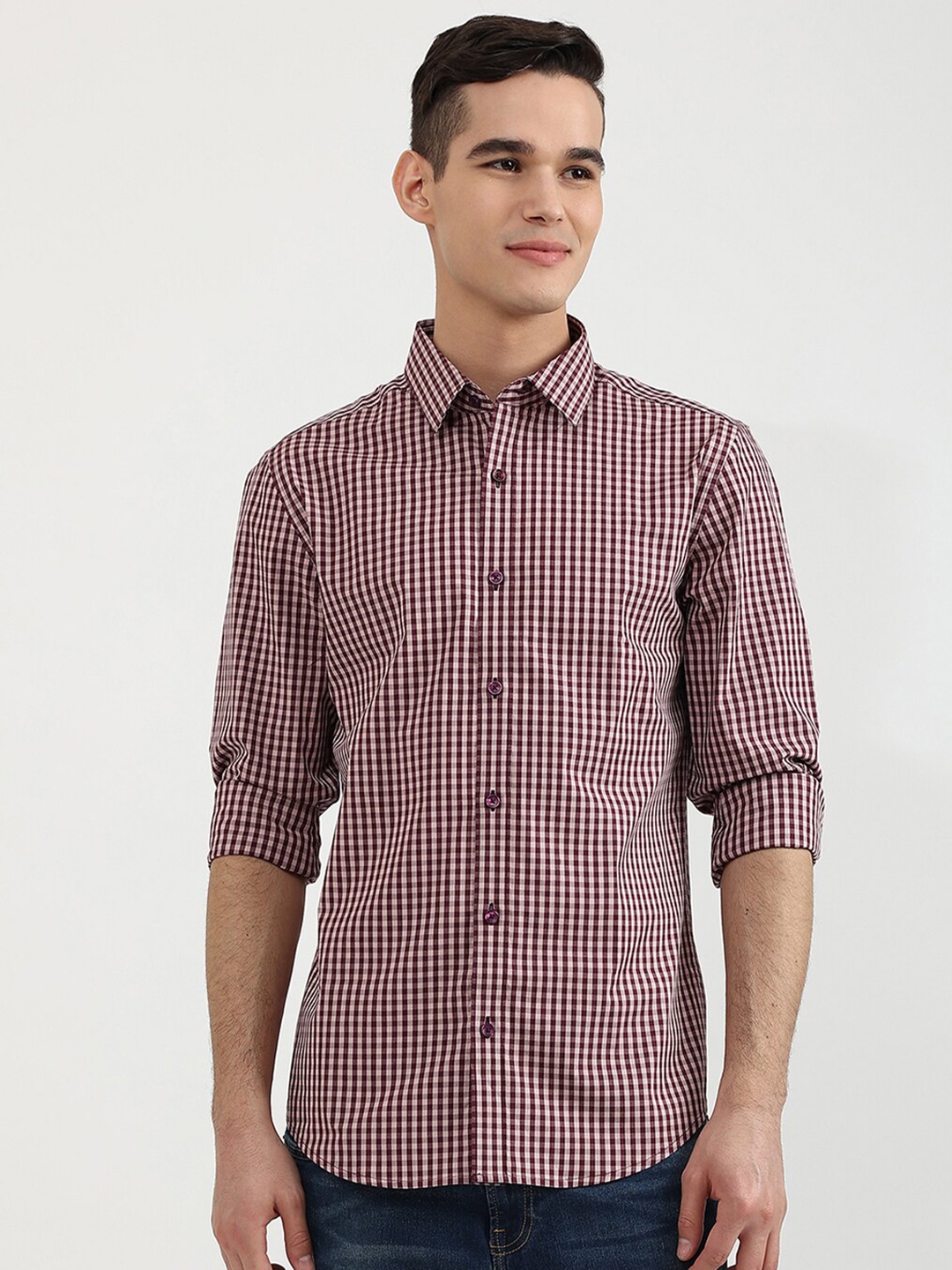 

United Colors of Benetton Men Red Slim Fit Micro Checked Cotton Casual Shirt