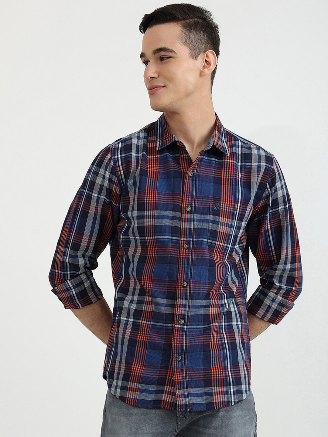 

United Colors of Benetton Men Blue Slim Fit Tartan Checked Cotton Casual Shirt