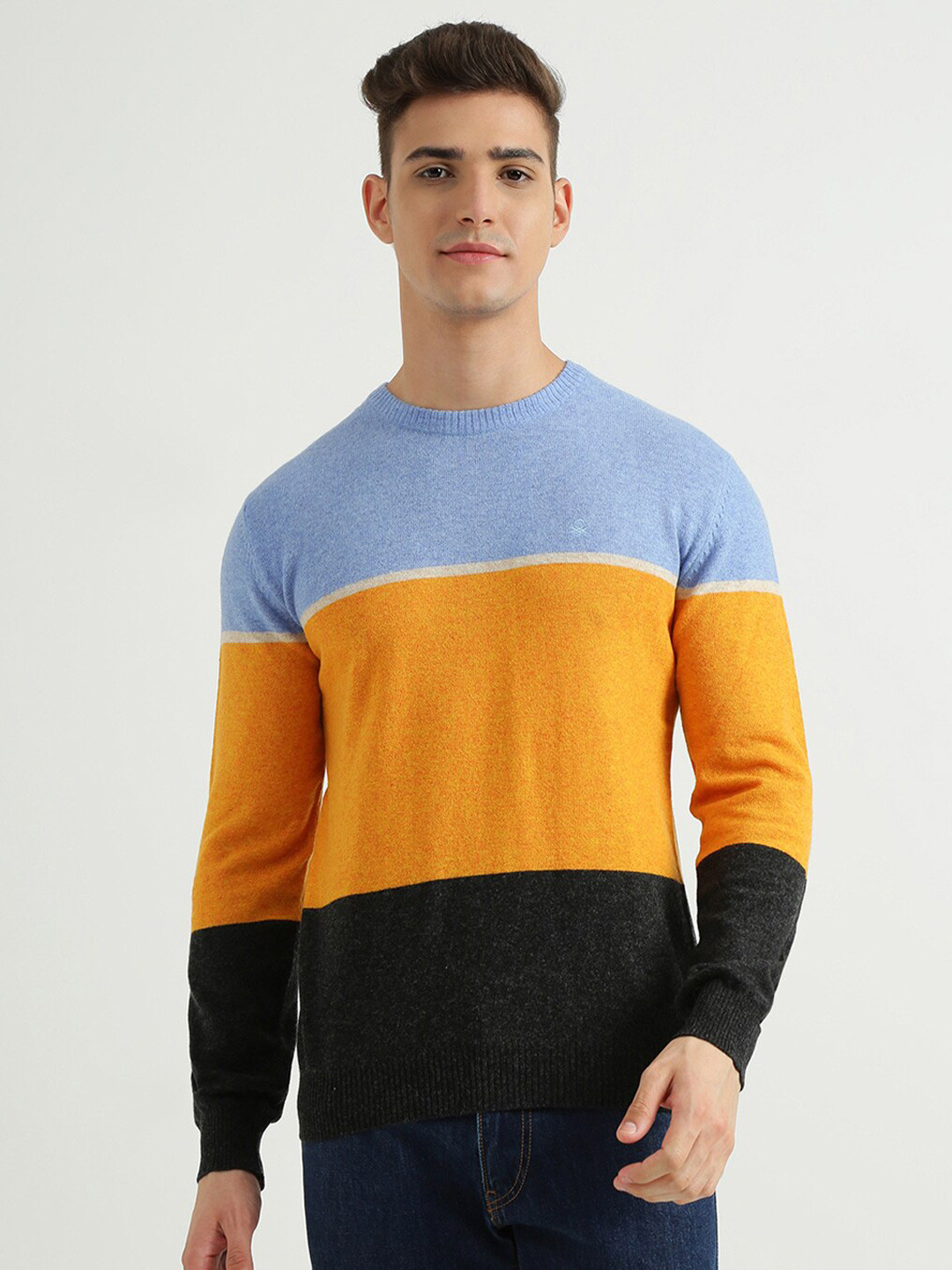 

United Colors of Benetton Men Yellow & Black Colourblocked Pullover