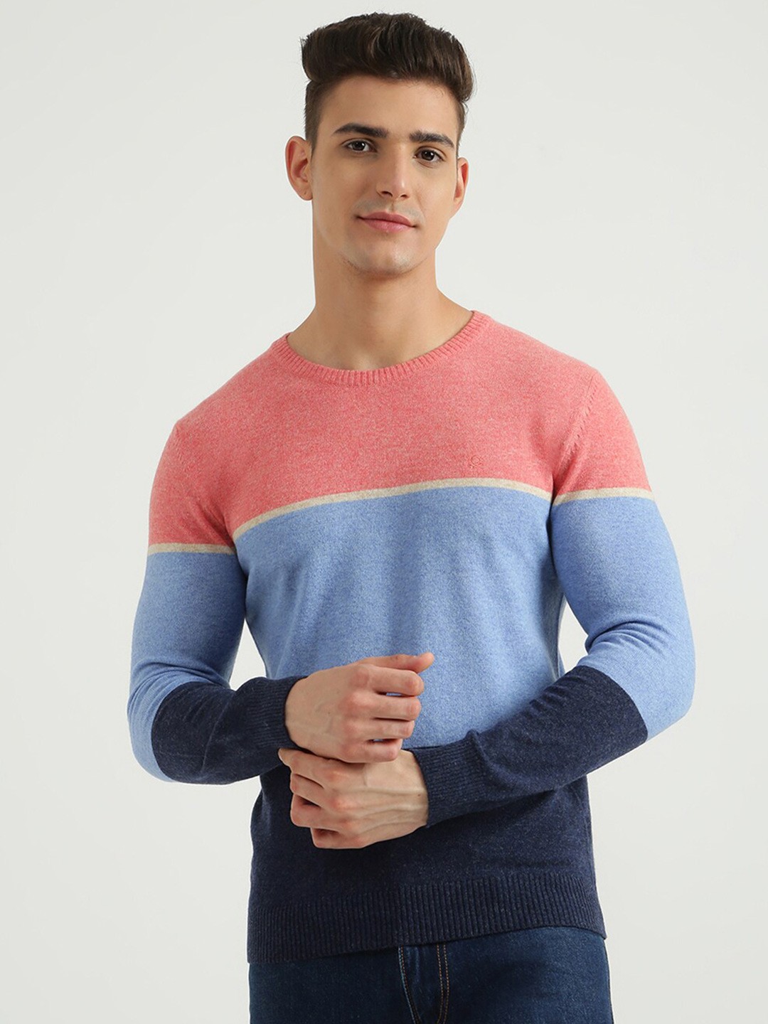 

United Colors of Benetton Men Pink & Blue Colourblocked Pullover