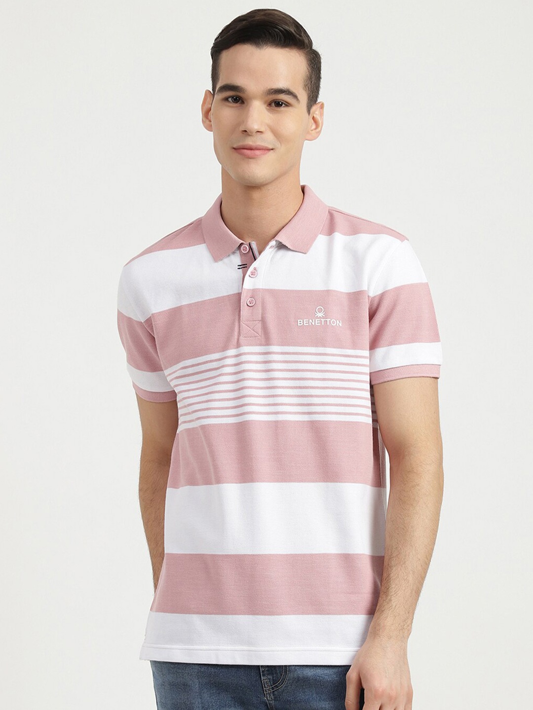 

United Colors of Benetton Men Pink Striped Polo Collar Cotton T-shirt