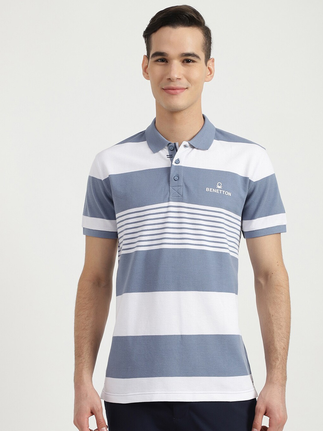

United Colors of Benetton Men Blue Striped Polo Collar Cotton T-shirt