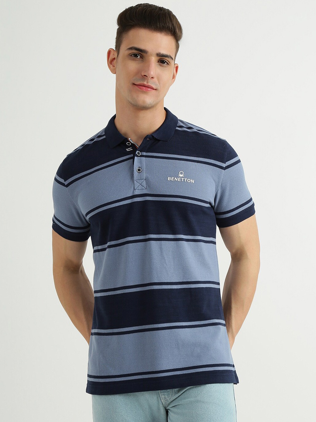 

United Colors of Benetton Men Blue Striped Polo Collar Cotton T-shirt