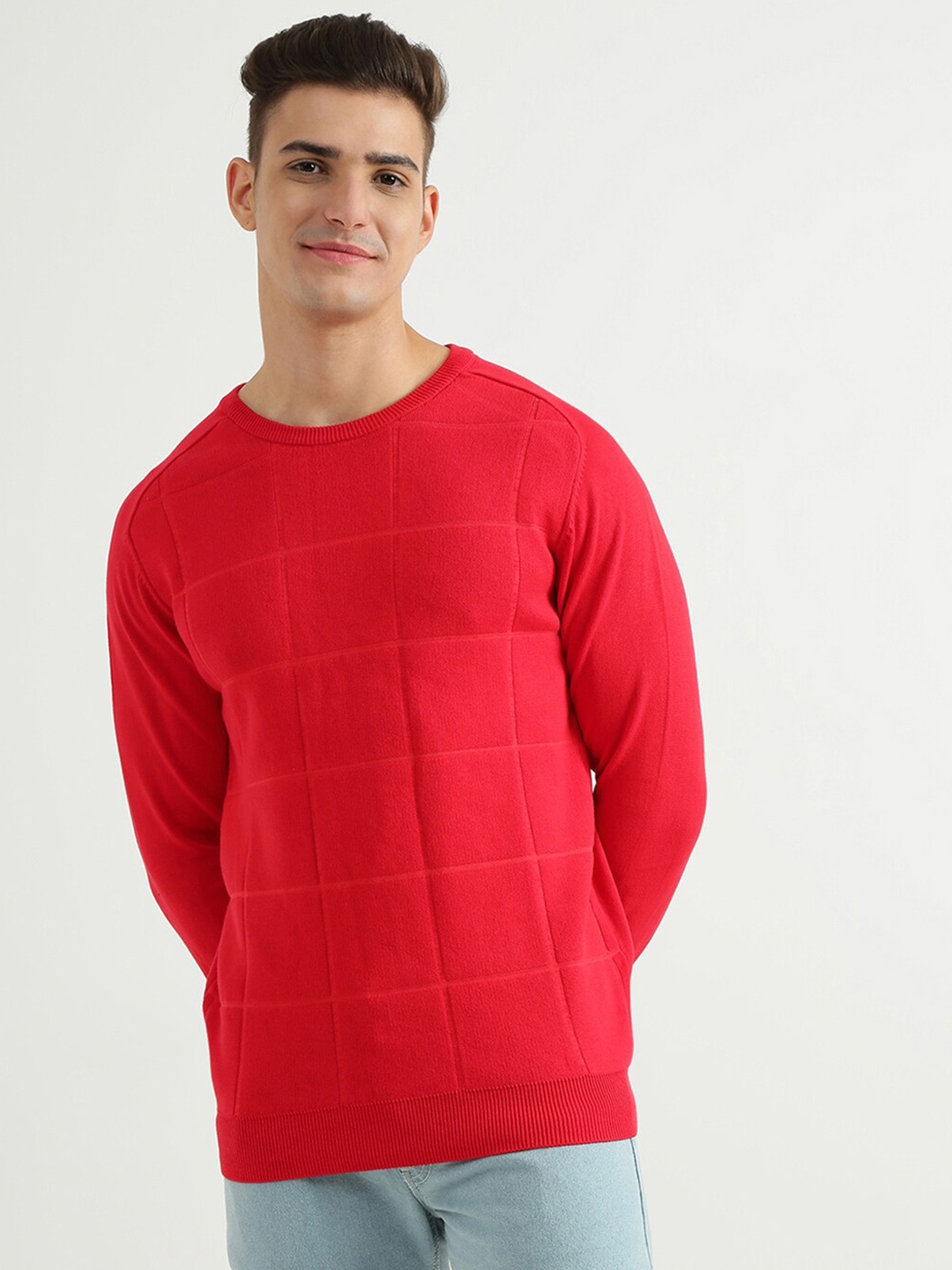 

United Colors of Benetton Men Red Checked Cotton Sweatshirt