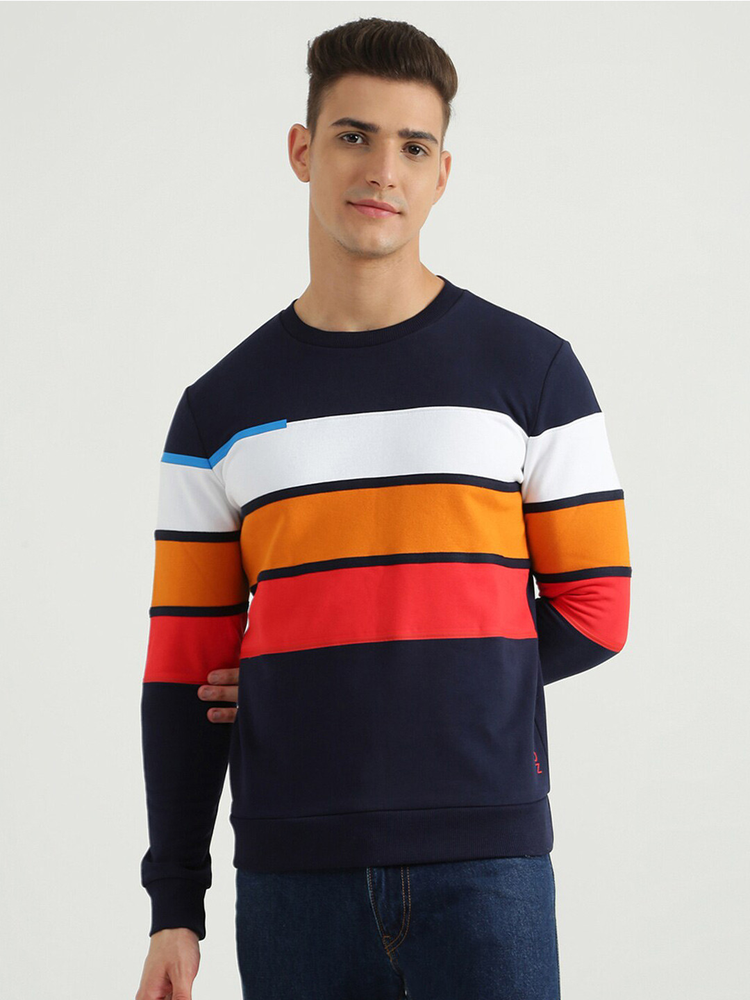 

United Colors of Benetton Men Navy Blue & White Colourblocked Cotton Sweatshirt