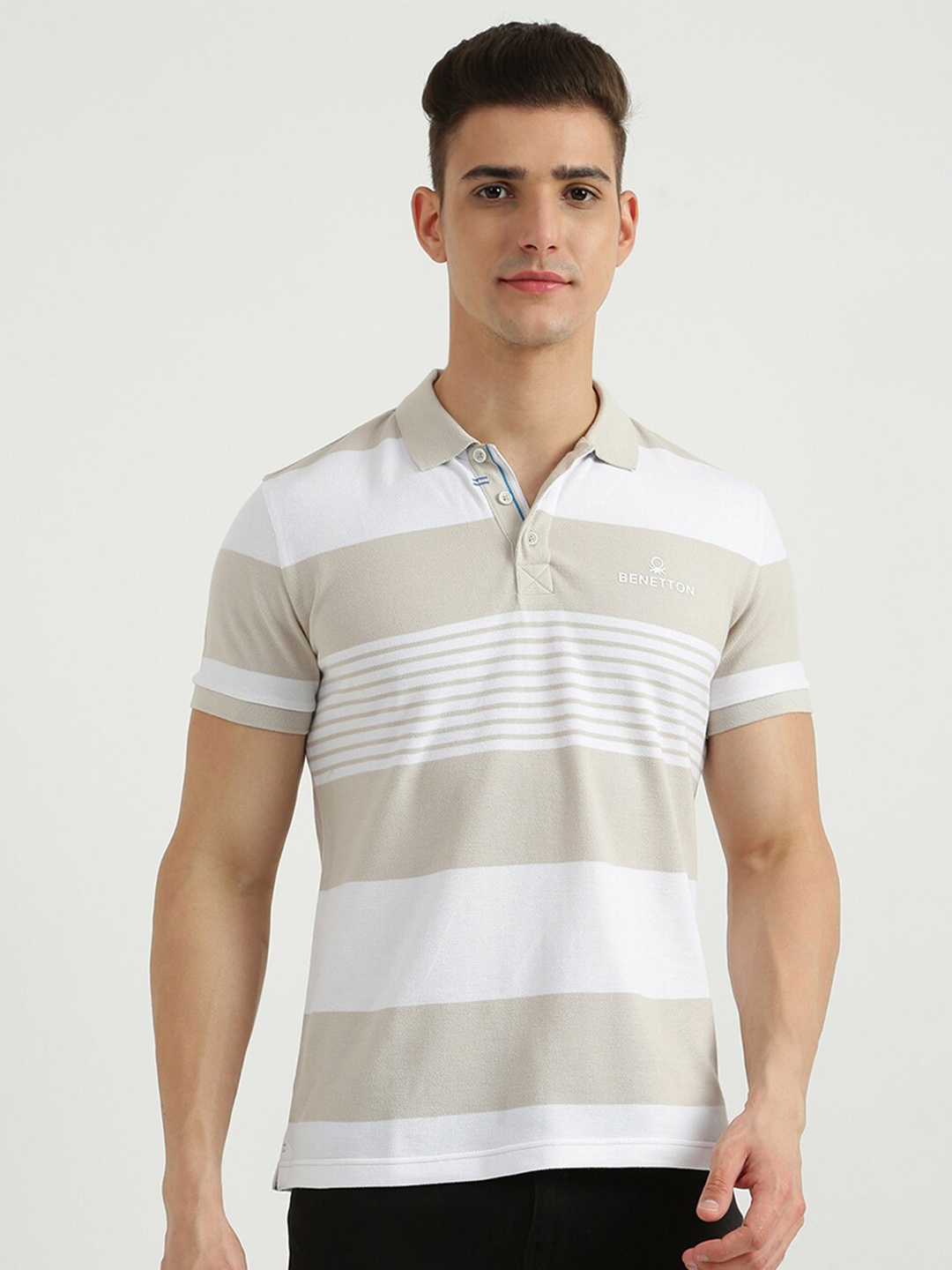 

United Colors of Benetton Men White & Beige Striped Polo Collar Cotton T-shirt