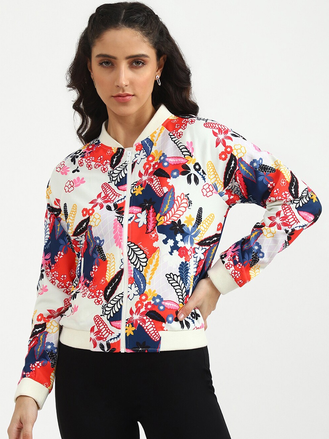 

United Colors of Benetton Women Red White Floral Bomber Jacket