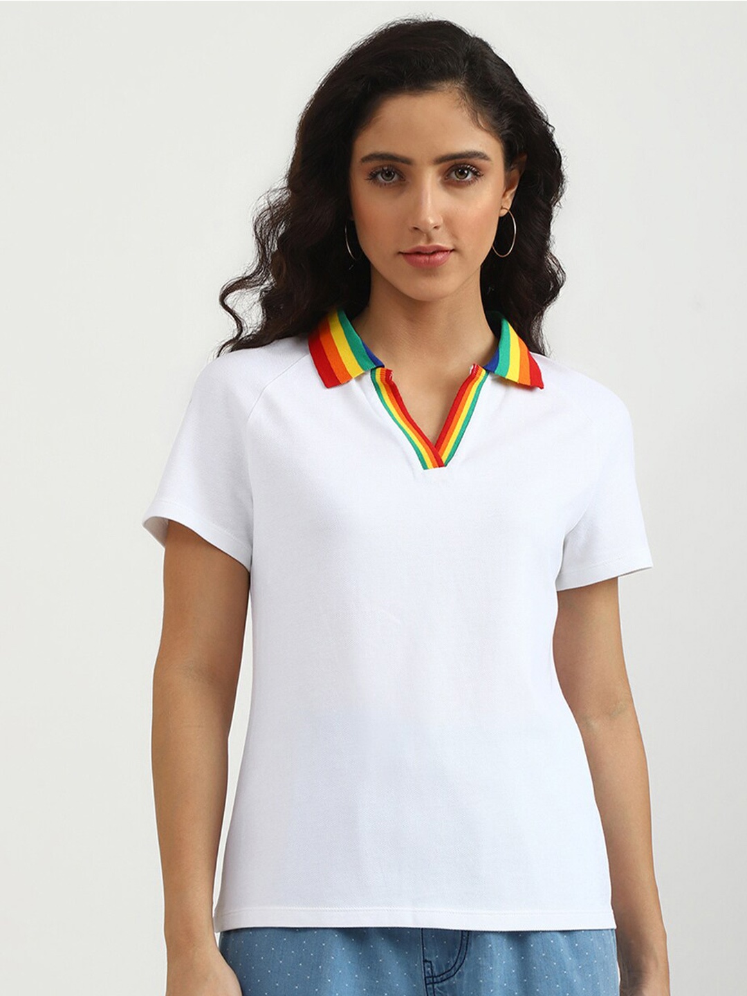 

United Colors of Benetton Women White Solid Polo Collar T-shirt