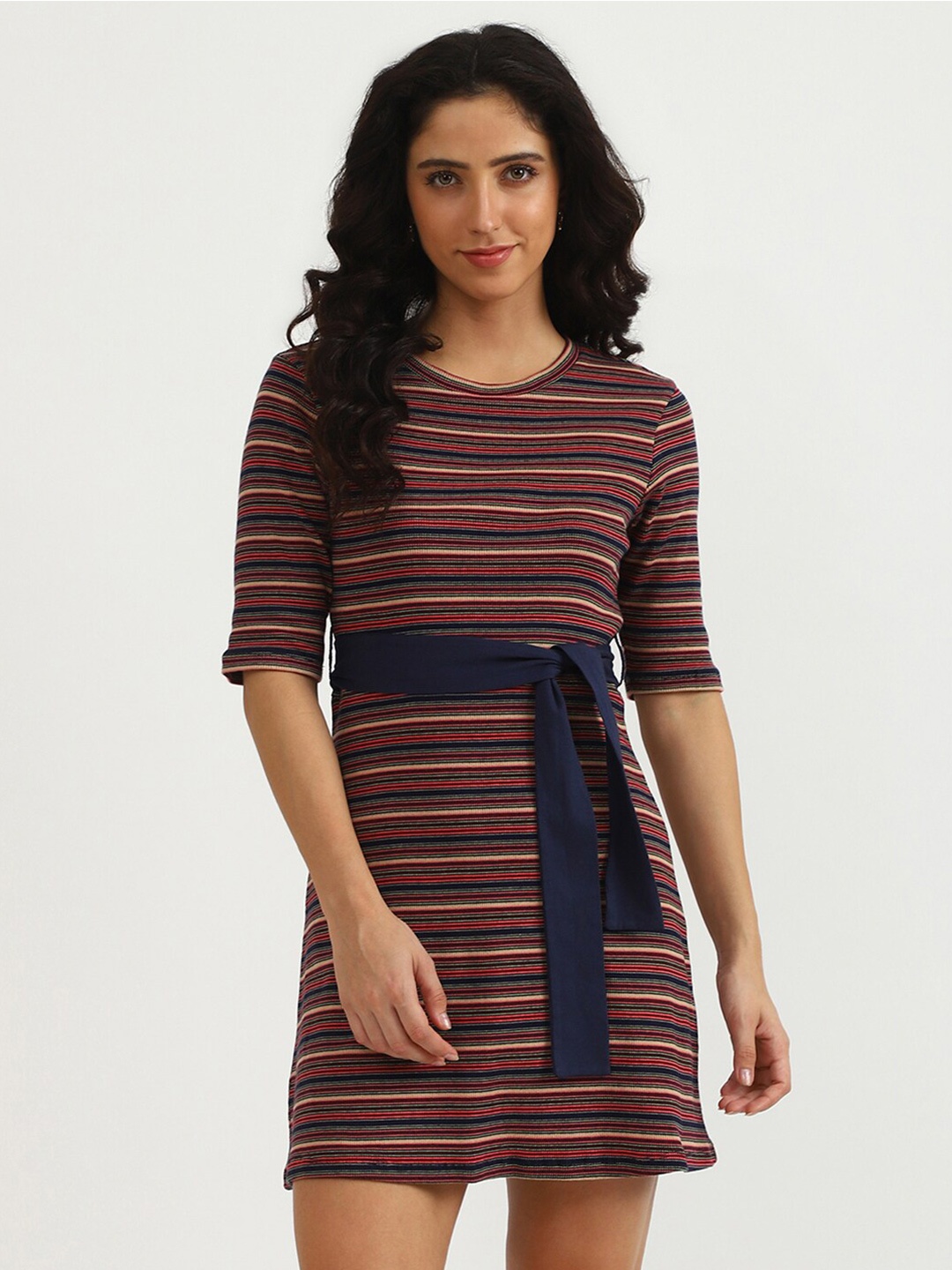 

United Colors of Benetton Black & Red Cotton Striped A-Line Dress