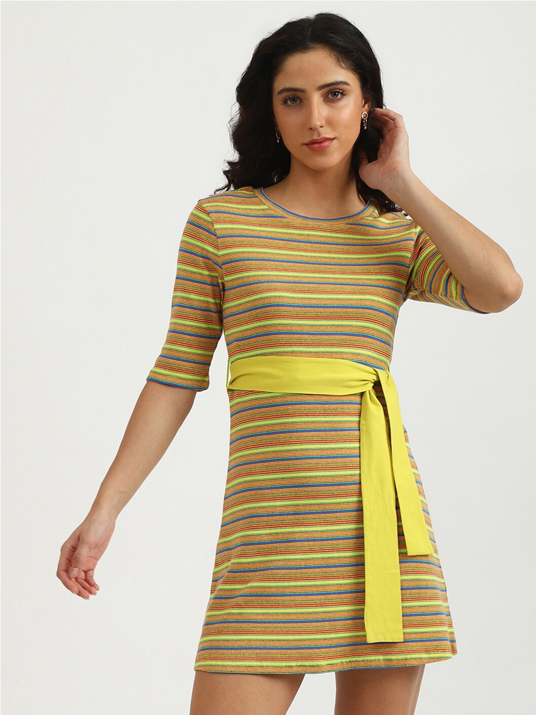 

United Colors of Benetton Green & Yellow Striped A-Line Dress