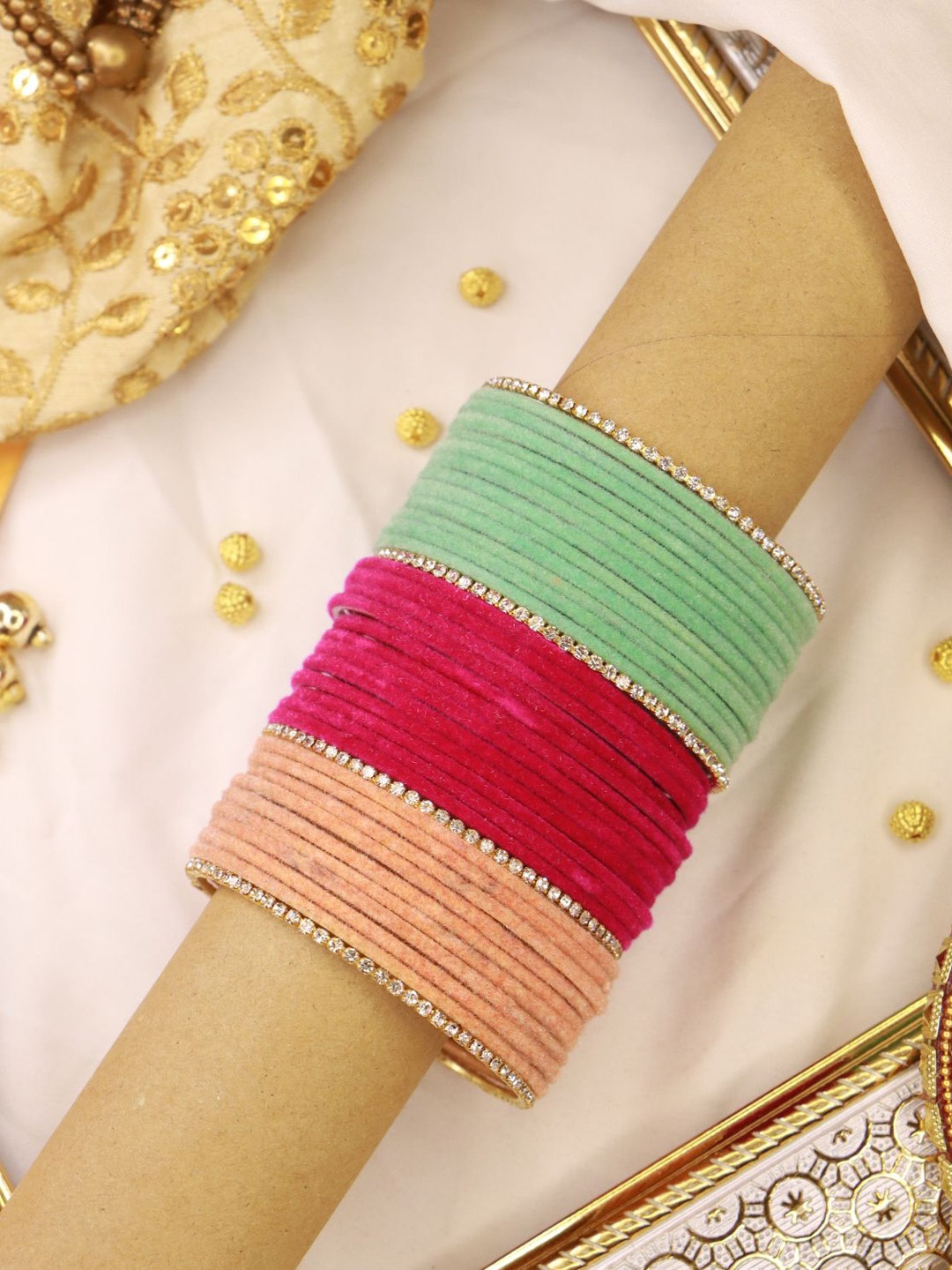 

I Jewels Set Of 48 Solid Metal Velvet Chuda Bangles, Blue
