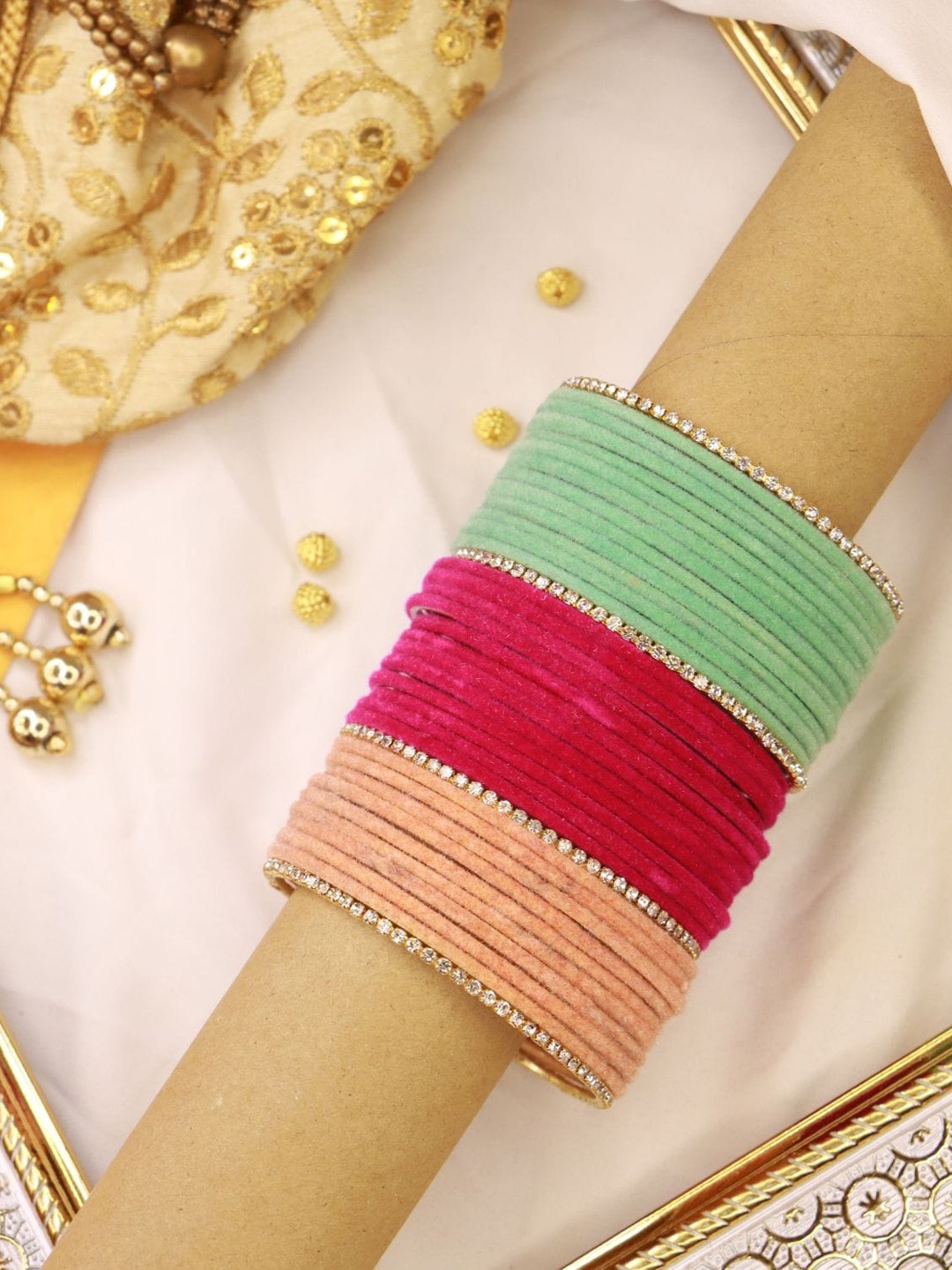 

I Jewels Set Of 48 Plain Metal Velvet Chuda Bangles, Gold