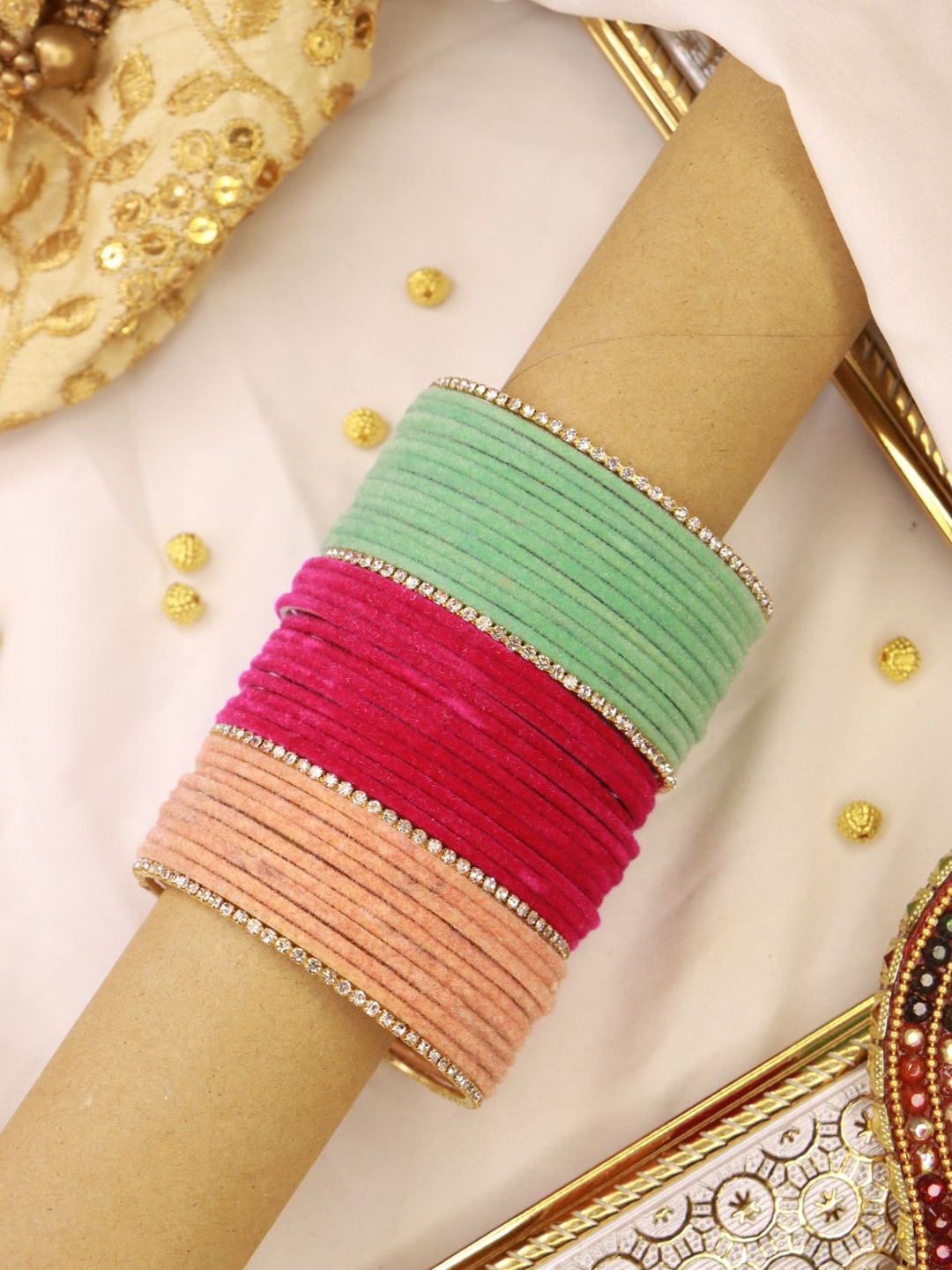 

I Jewels Set Of 48 Plain Metal Velvet Chuda Bangle Set, Pink