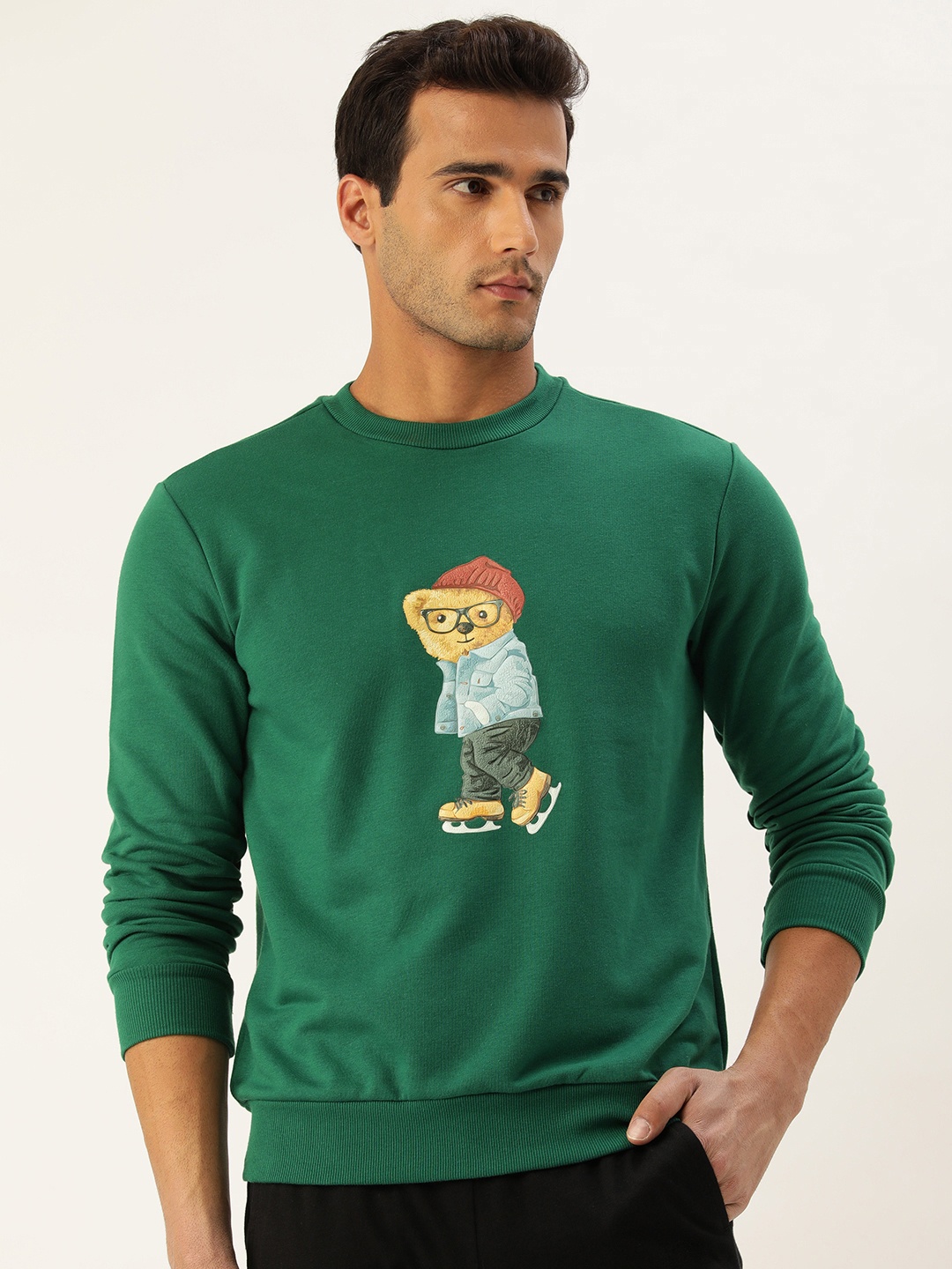 

FOREVER 21 Men Green Graphic Printed Applique Round Neck Sweatshirt