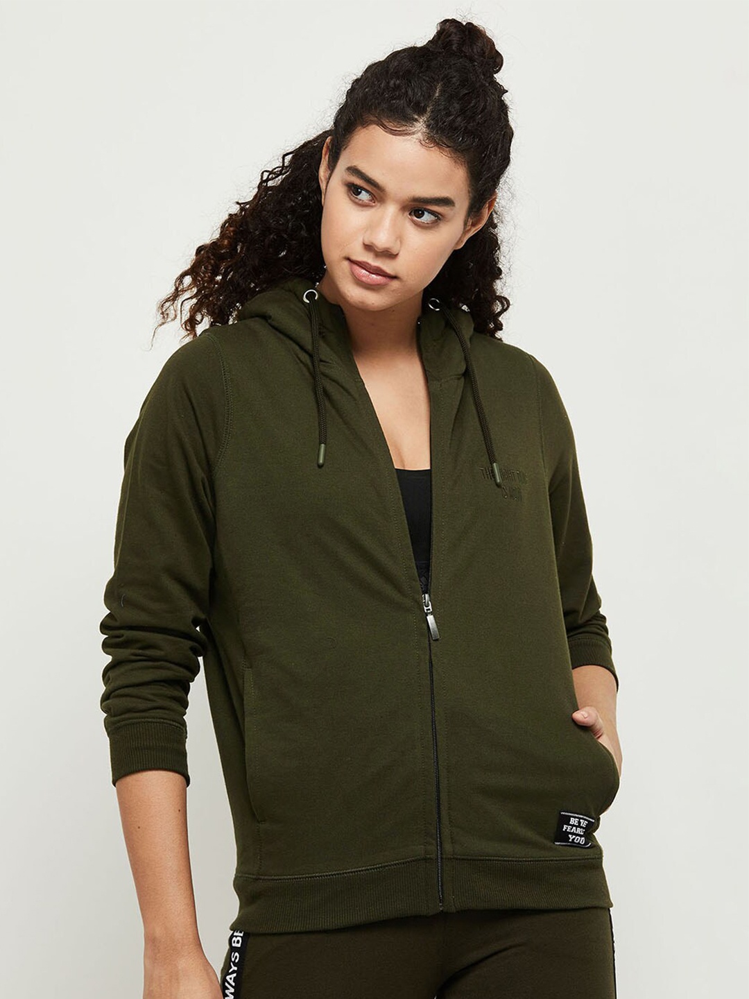 

max Women Olive Green Front-Open Hooded Sweatshirt