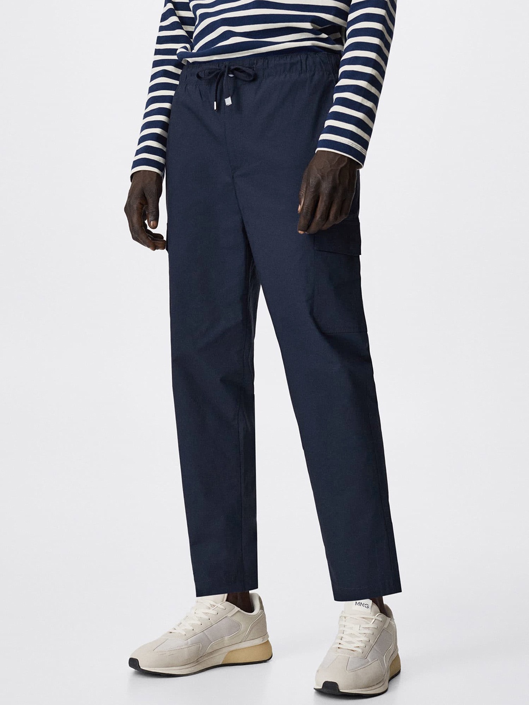 

MANGO MAN Navy Blue Sustainable Solid Cargo Trousers
