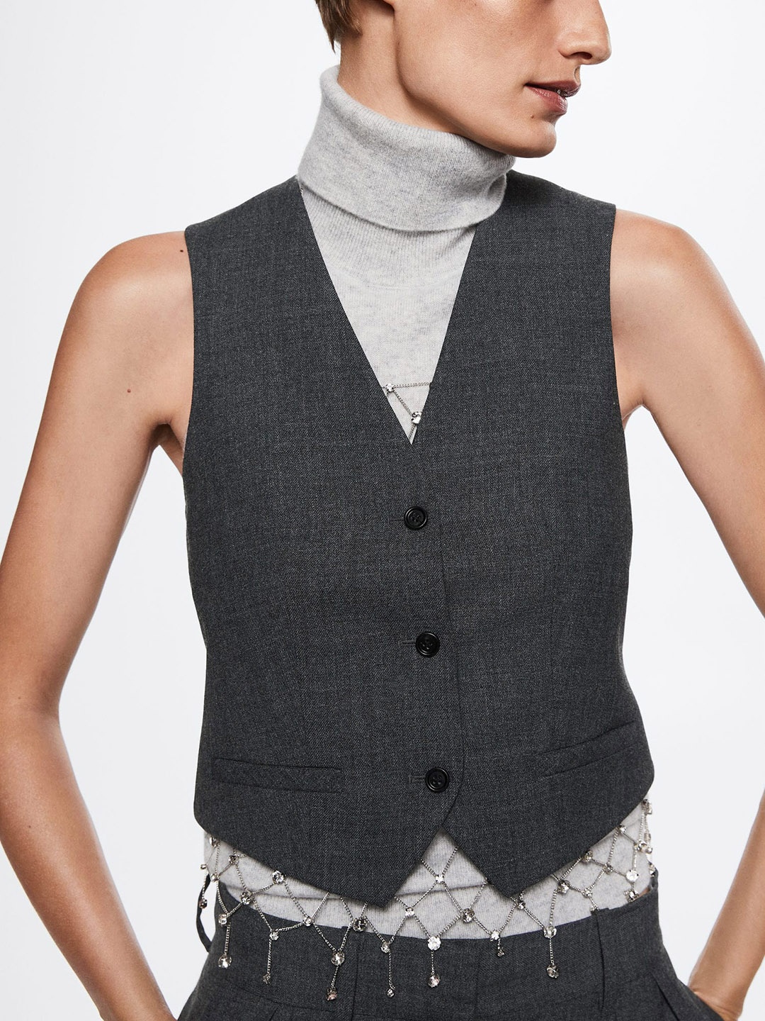 

MANGO Women Charcoal Grey Solid Waistcoat