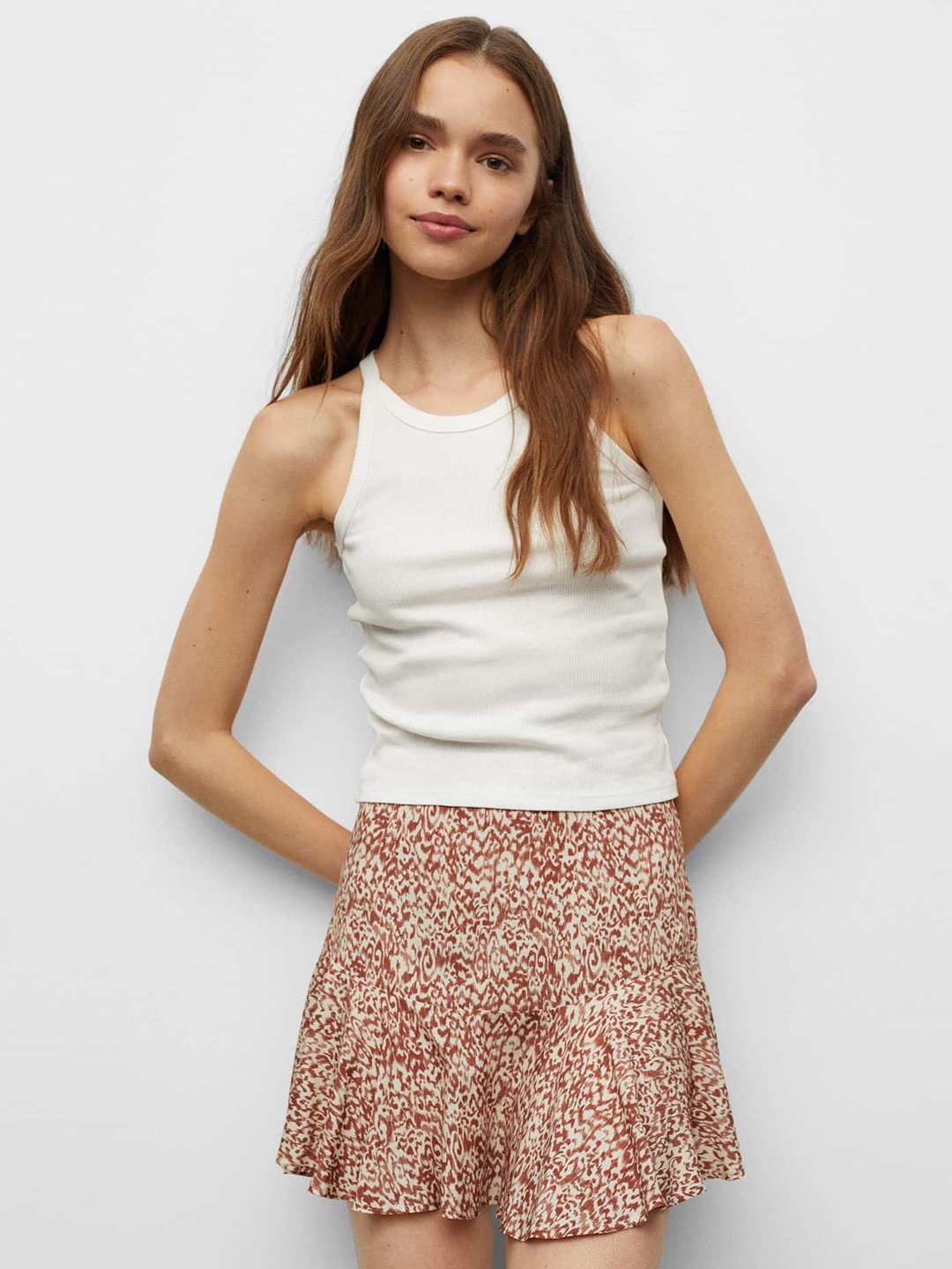 

Mango Kids Girls Rust & Beige Abstract Print Mini Flared Sustainable Skirt