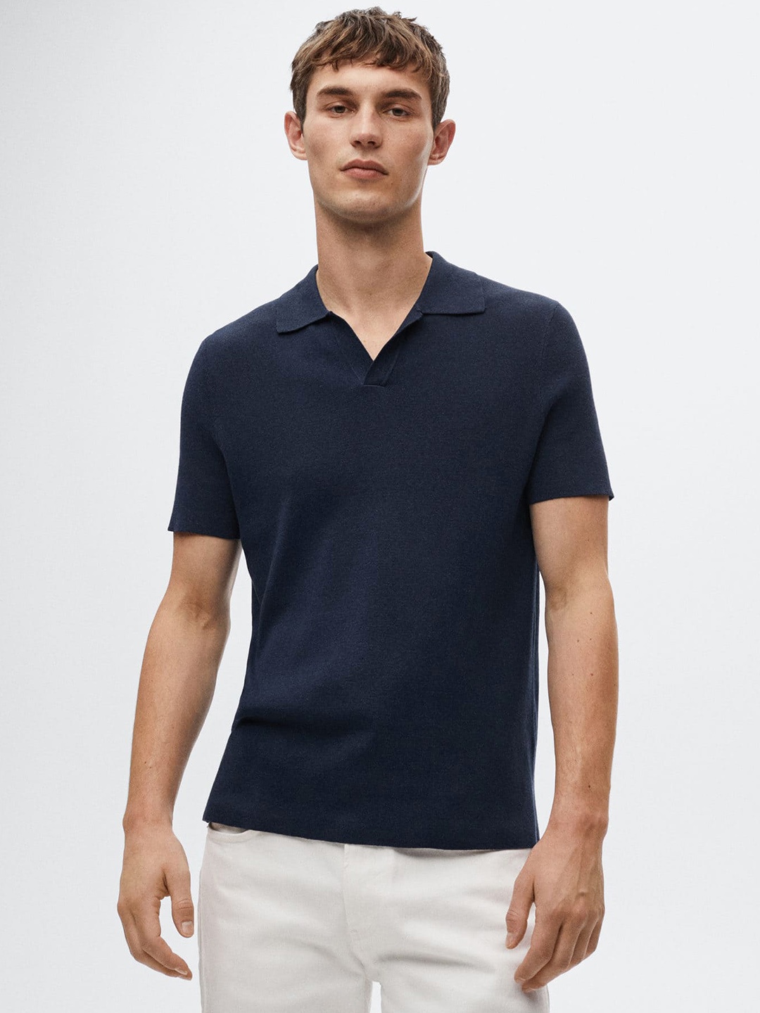 

MANGO MAN Men Navy Blue Polo Collar Sustainable T-shirt