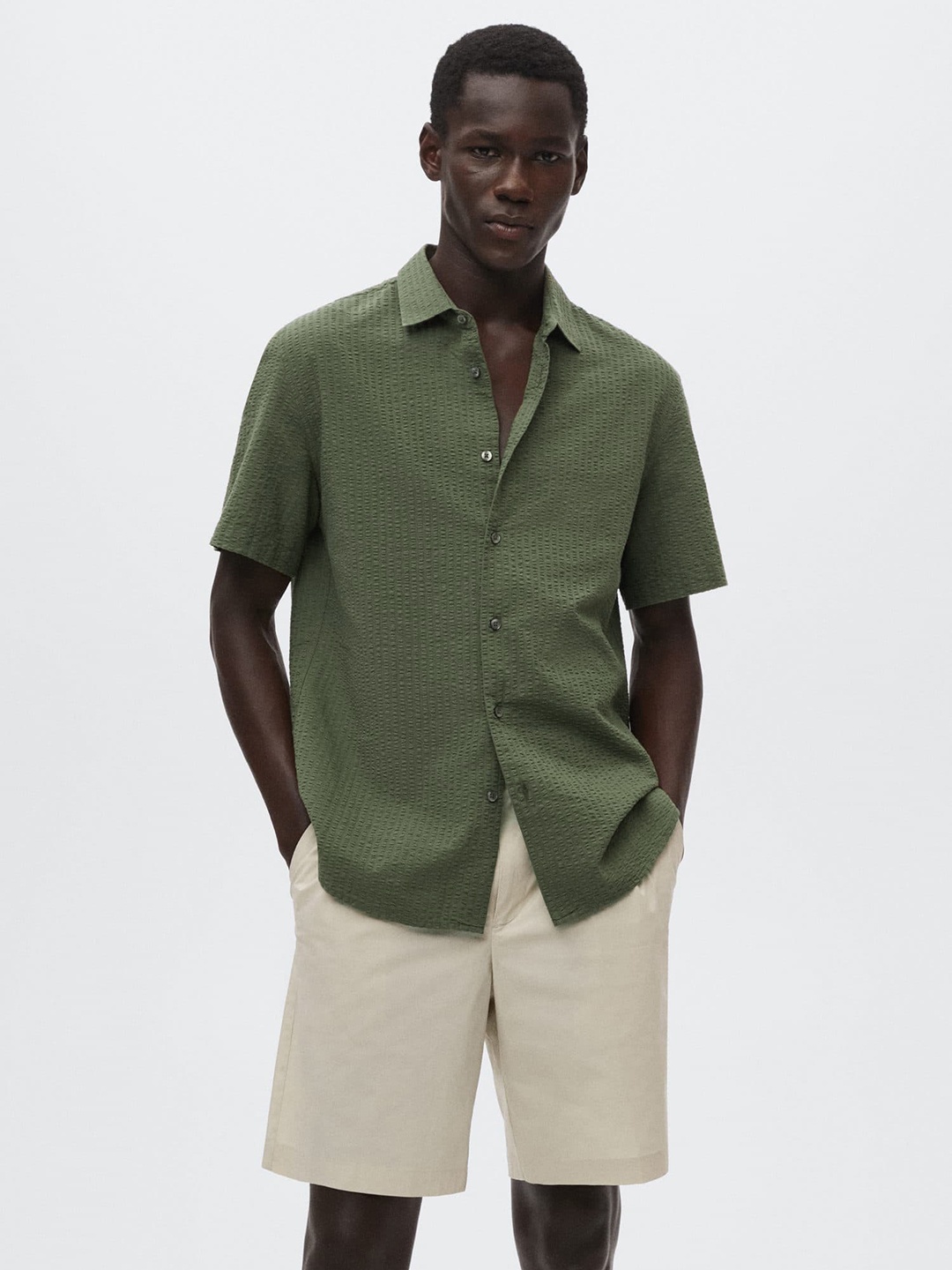 

MANGO MAN Olive Green Pure Cotton Seersucker Sustainable Casual Shirt