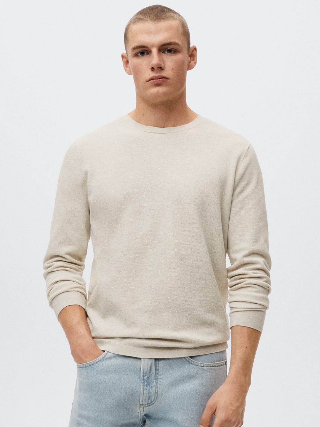 

MANGO MAN Taupe Solid Pullover Sweater
