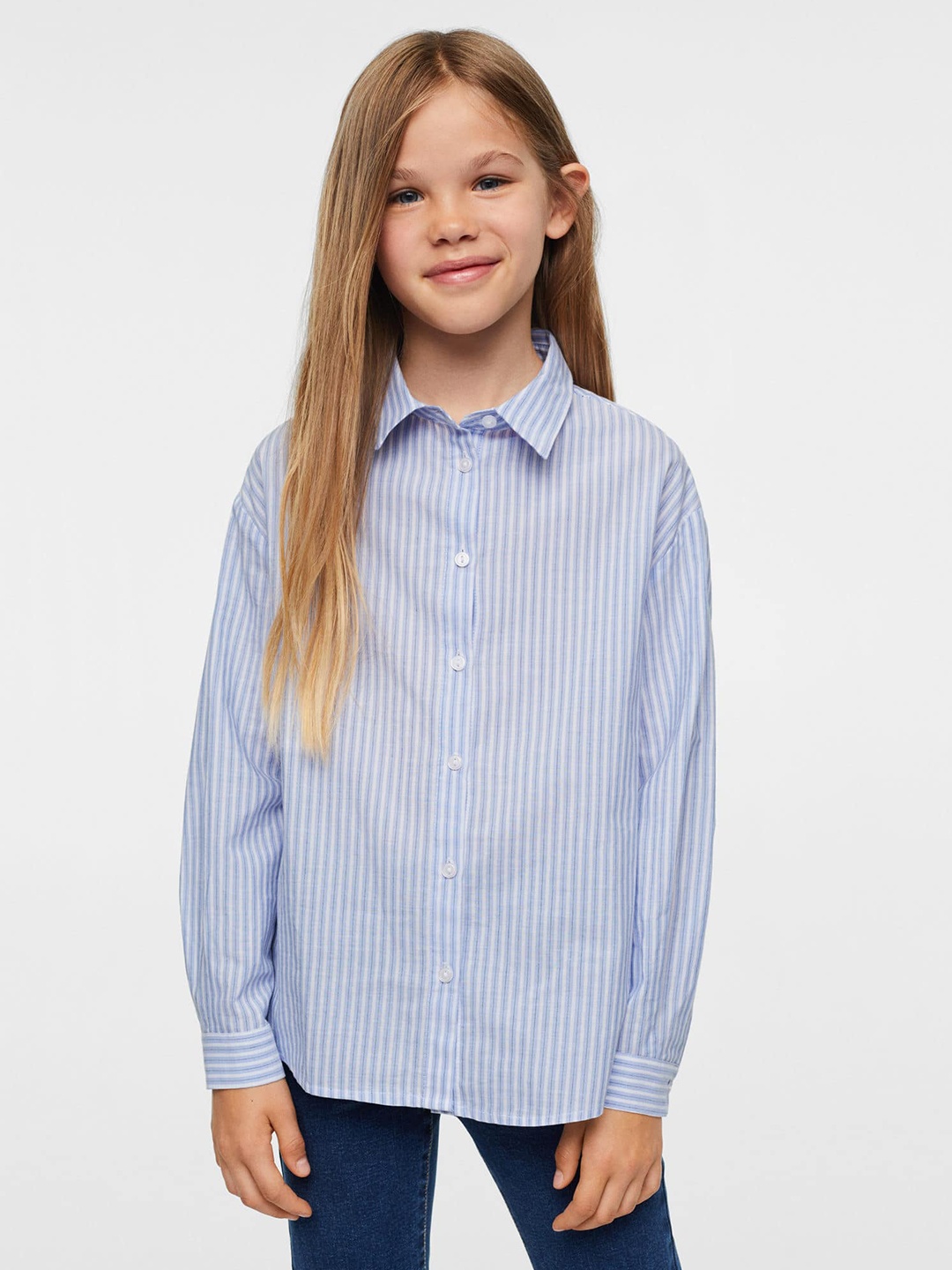 

Mango Kids Girls Blue & White Striped Sustainable Pure Cotton Casual Shirt