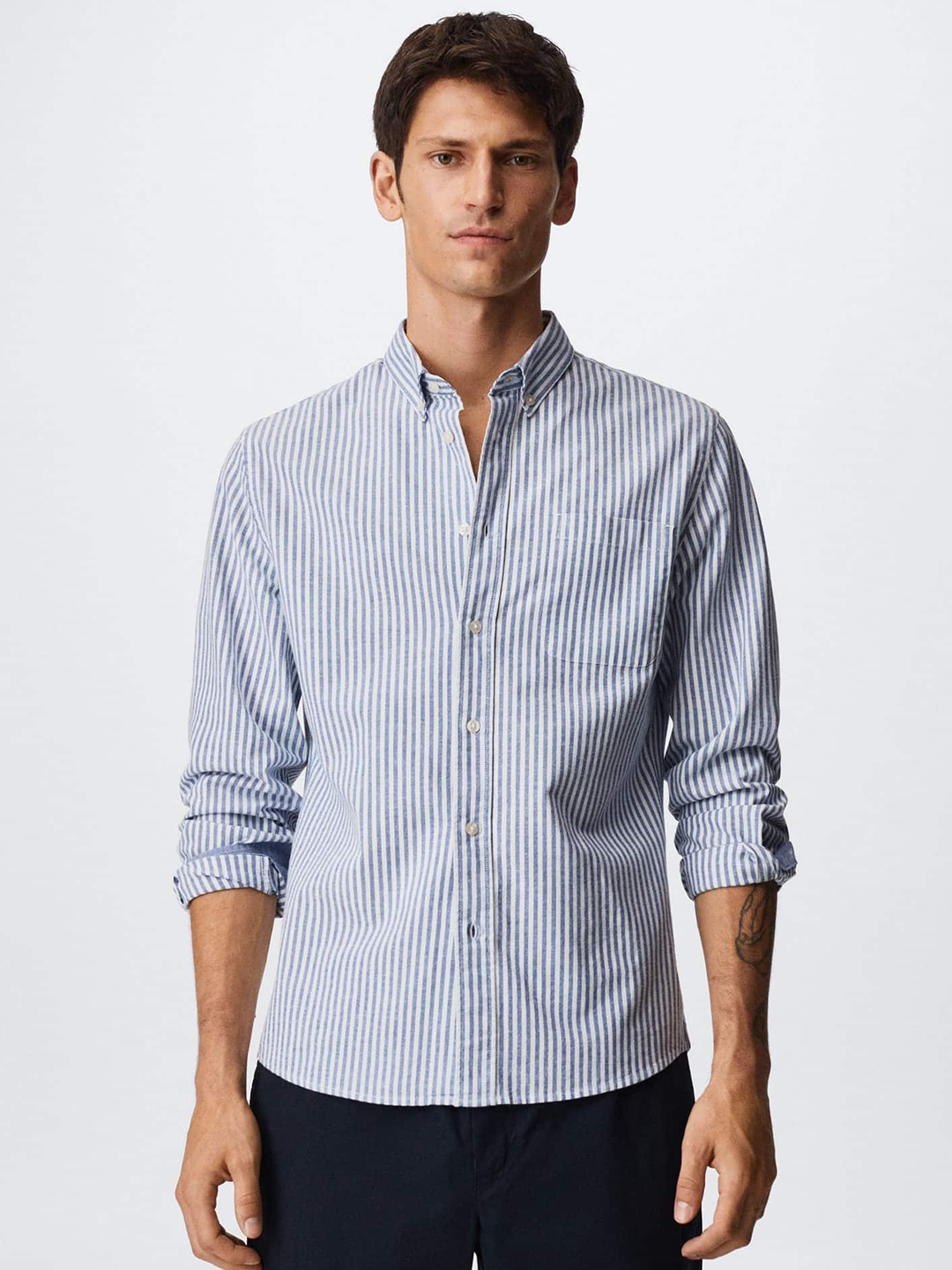 

MANGO MAN Blue & White Striped Pure Cotton Sustainable Casual Shirt