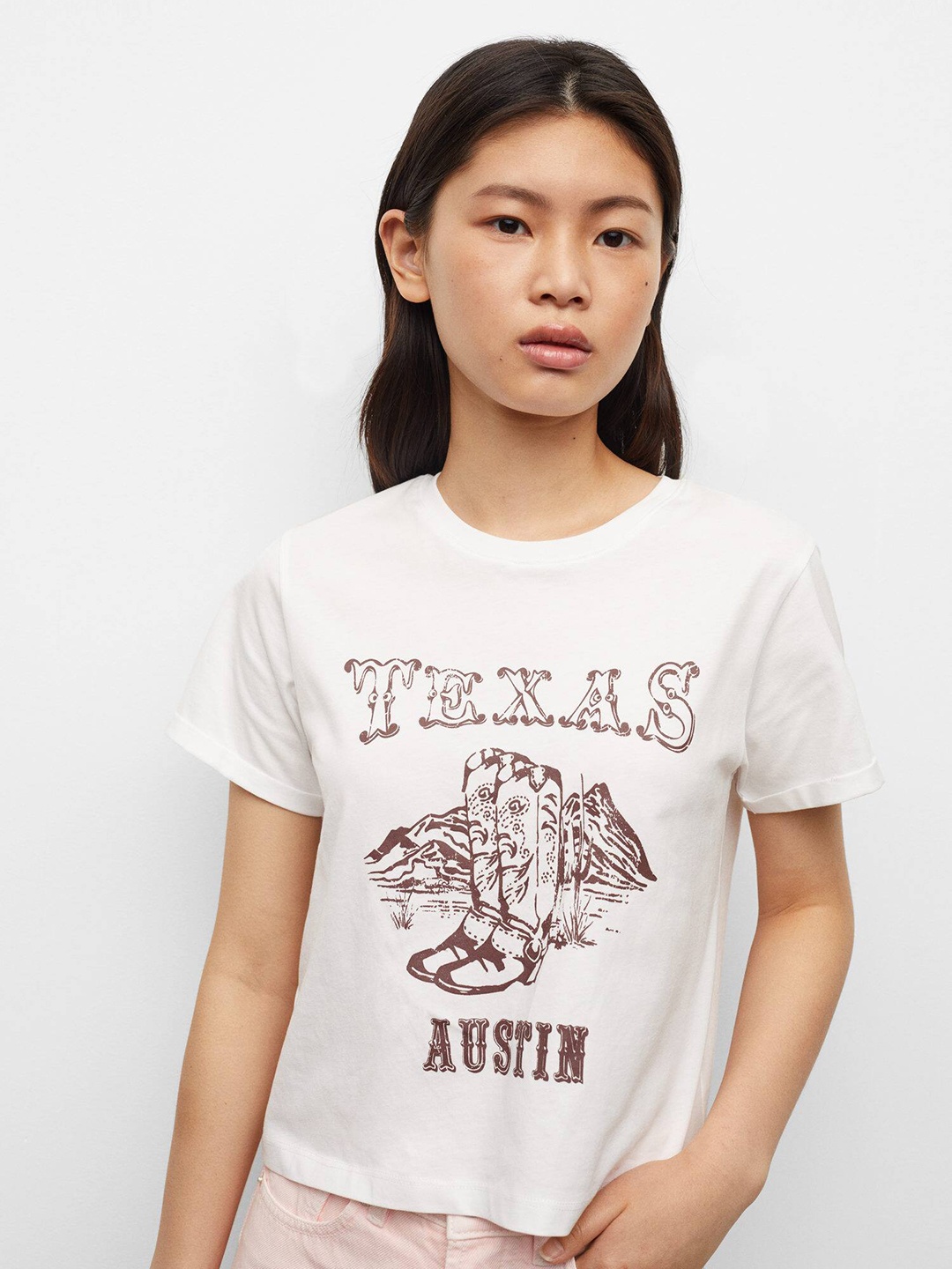 

Mango Kids Girls White & Brown Printed Pure Cotton Sustainable T-shirt