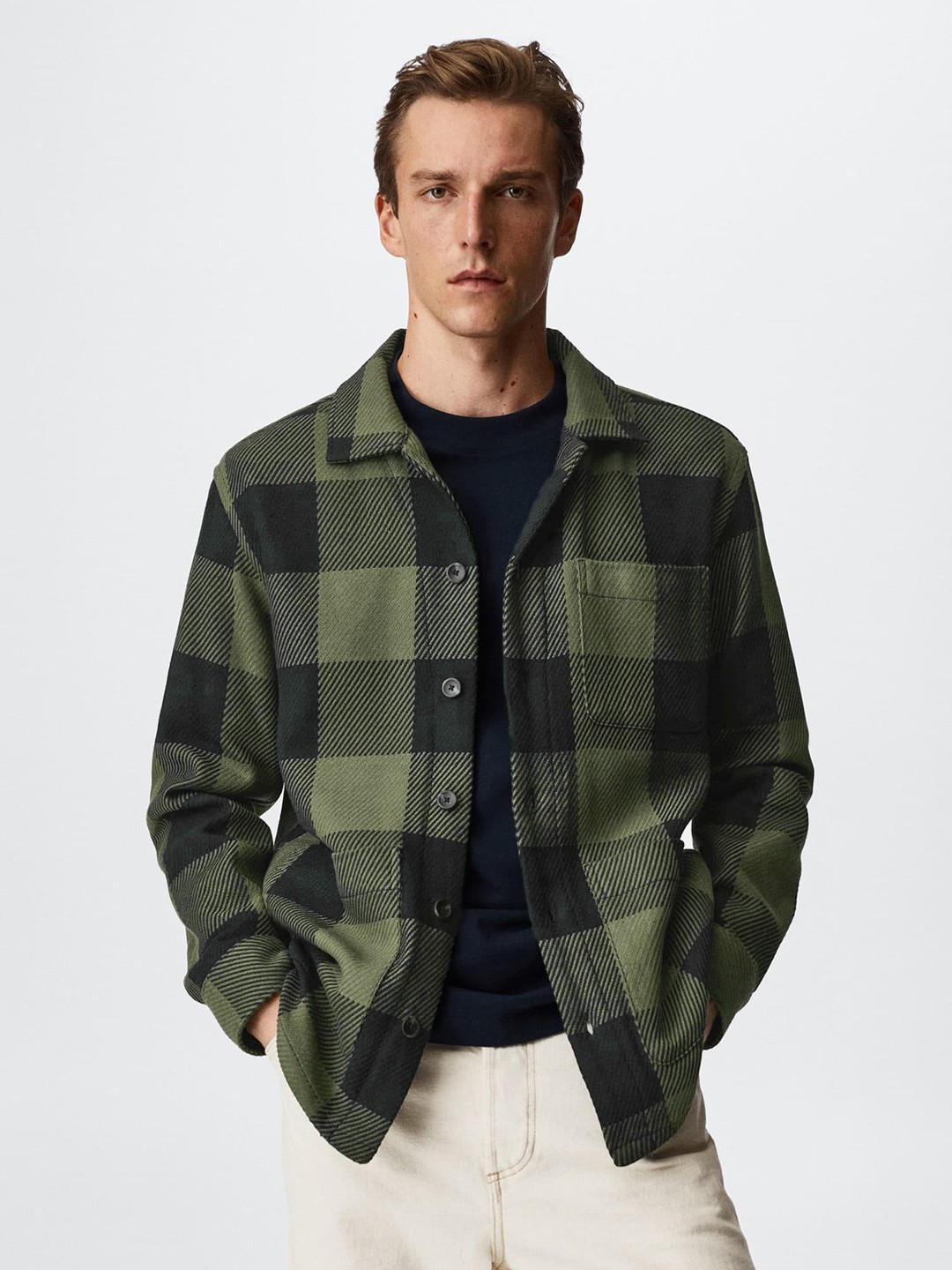 

MANGO MAN Green & Black Windowpane Checked Pure Cotton Sustainable Shacket